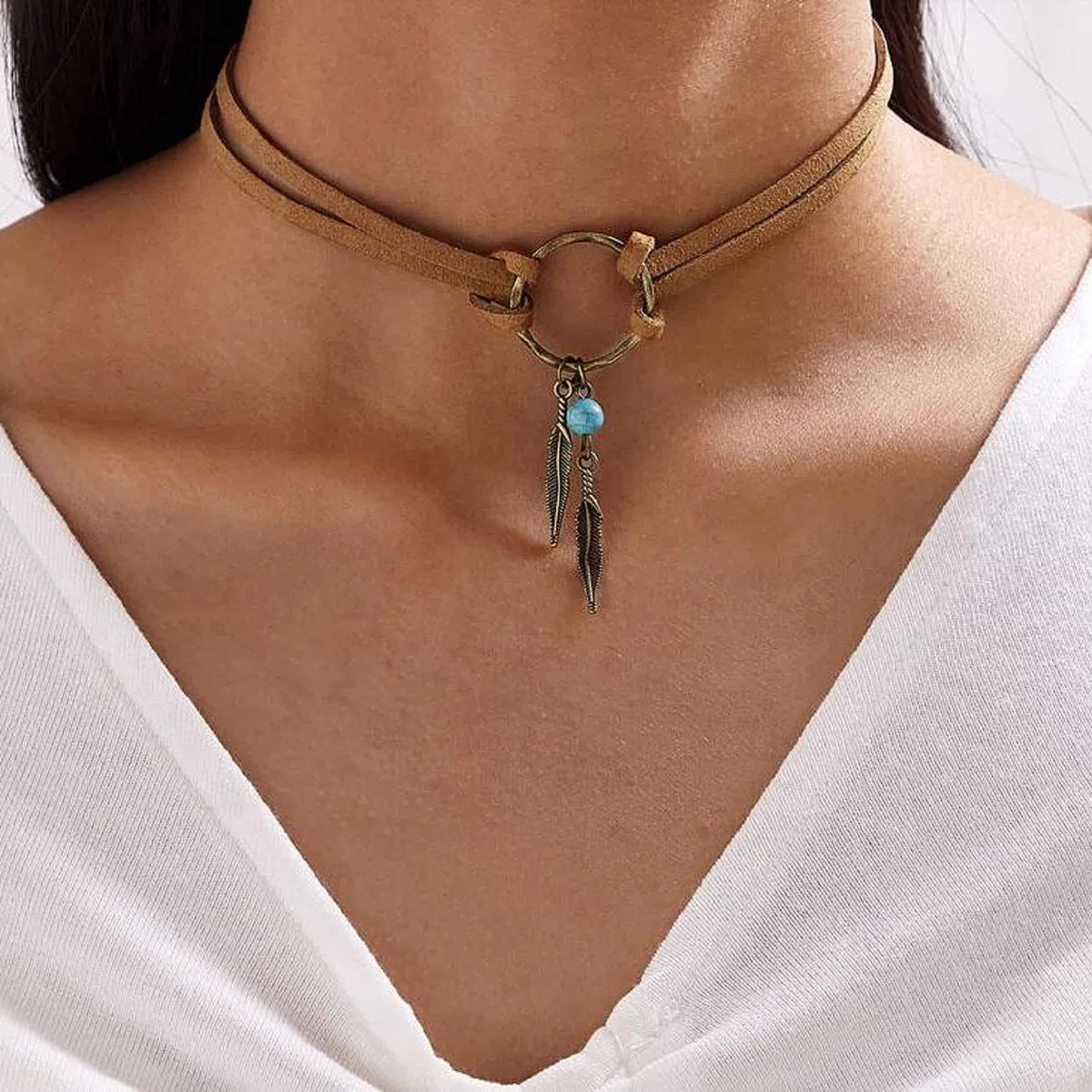 LOLIAS Boho Traumfänger-Ohrringe Drop Leder Choker Halskette Set für Frauen Handmade Retro Vintage Bohemian Feder Anhänger Dangle Ohrringe Stammes-Schmuck Geschenk