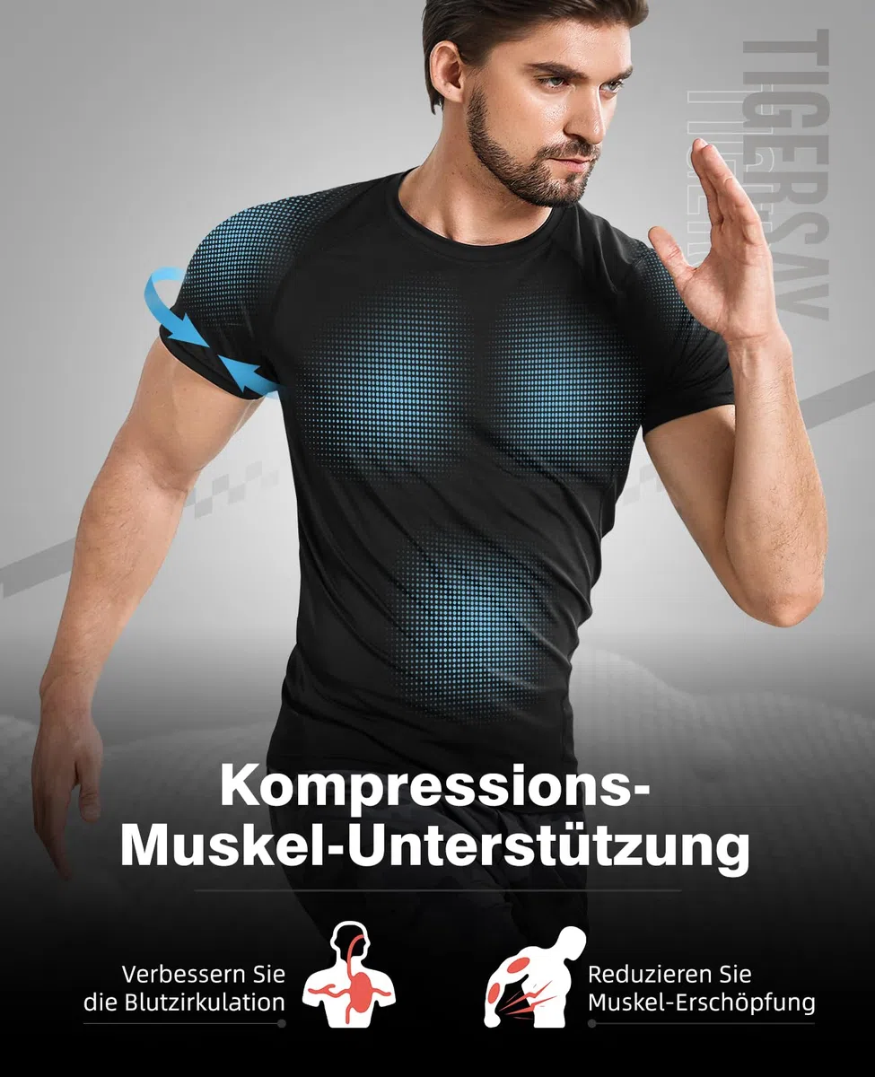 Kompressionsshirt Herren Kurzarm，Funktionsshirt Atmungsaktiv Compression T-Shirt Schnelltrocknend Sportshirt Baselayer für Fitness Laufen Gym