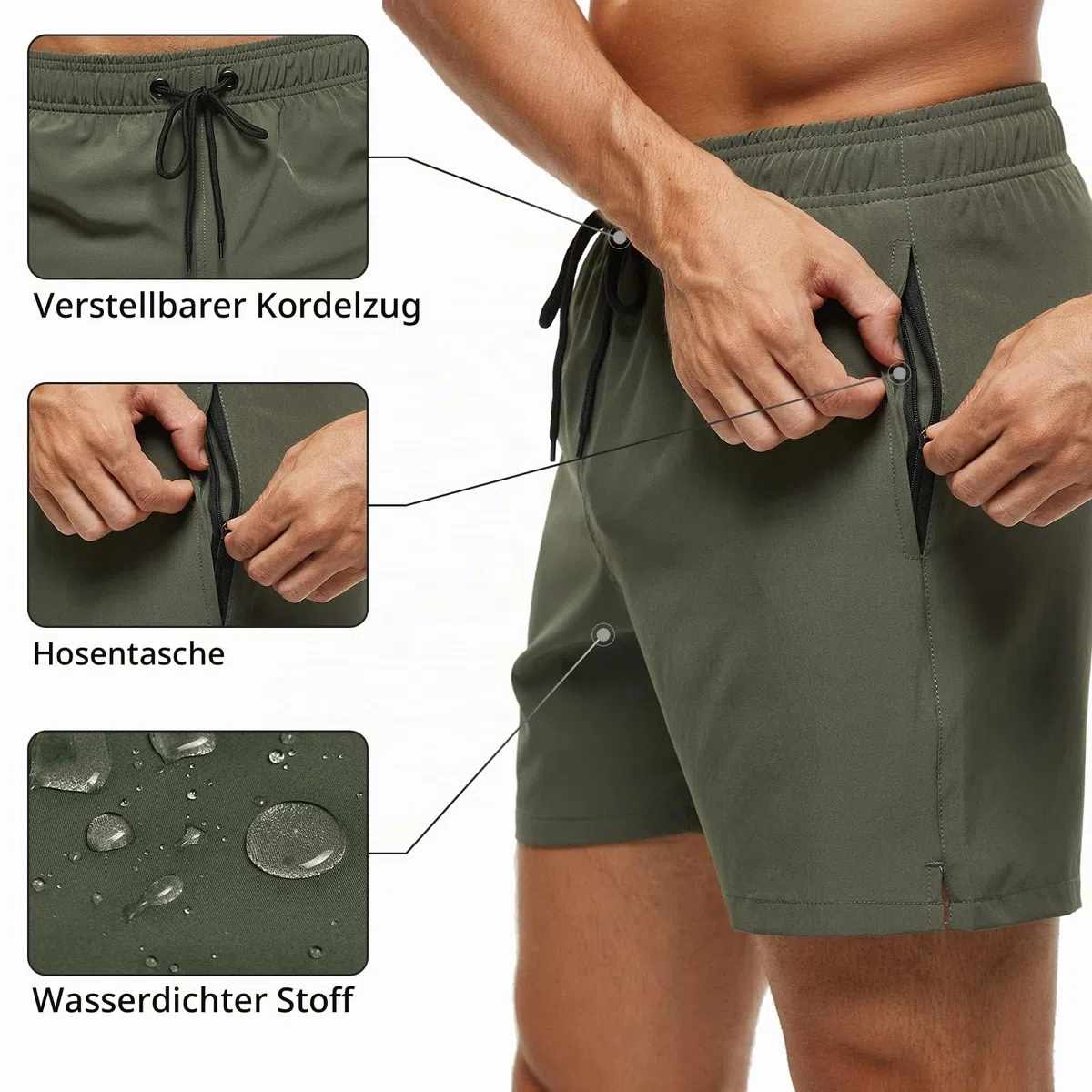 Badehose Herren, Badeshorts mit Reißverschlusstaschen für Herren Schnell Trocknende Wasserabweisend Herren Badehose mit Tunnelzug Meshfutter Schwimmhose Männer