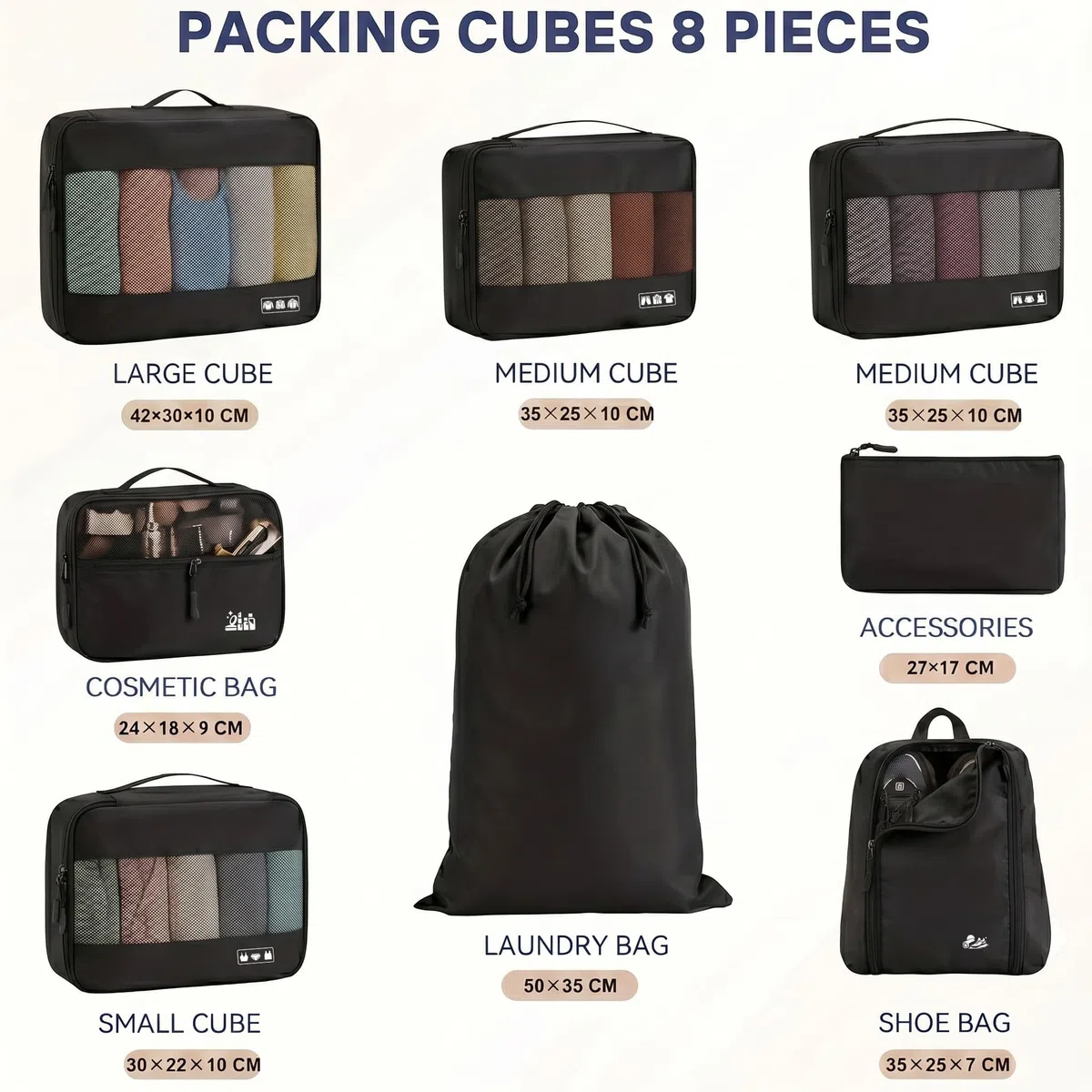 MURISE Koffer Organizer 8 Stück, Packing Cubes für Urlaub und Reisen, Packwürfel Packtaschen für Koffer, mit Schuhtasche Kosmetiktasche, Ordnungssystem, Travel Essentials, Schwarz