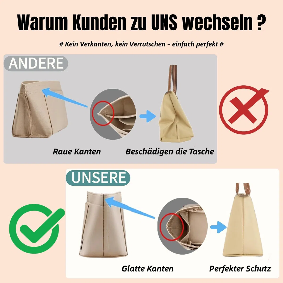 Organizer L für Longchamp Tasche, Taschenorganizer für Le Pliage L mit 9 Fach und Schlüsselkette aus Premium Filz(Beige L)
