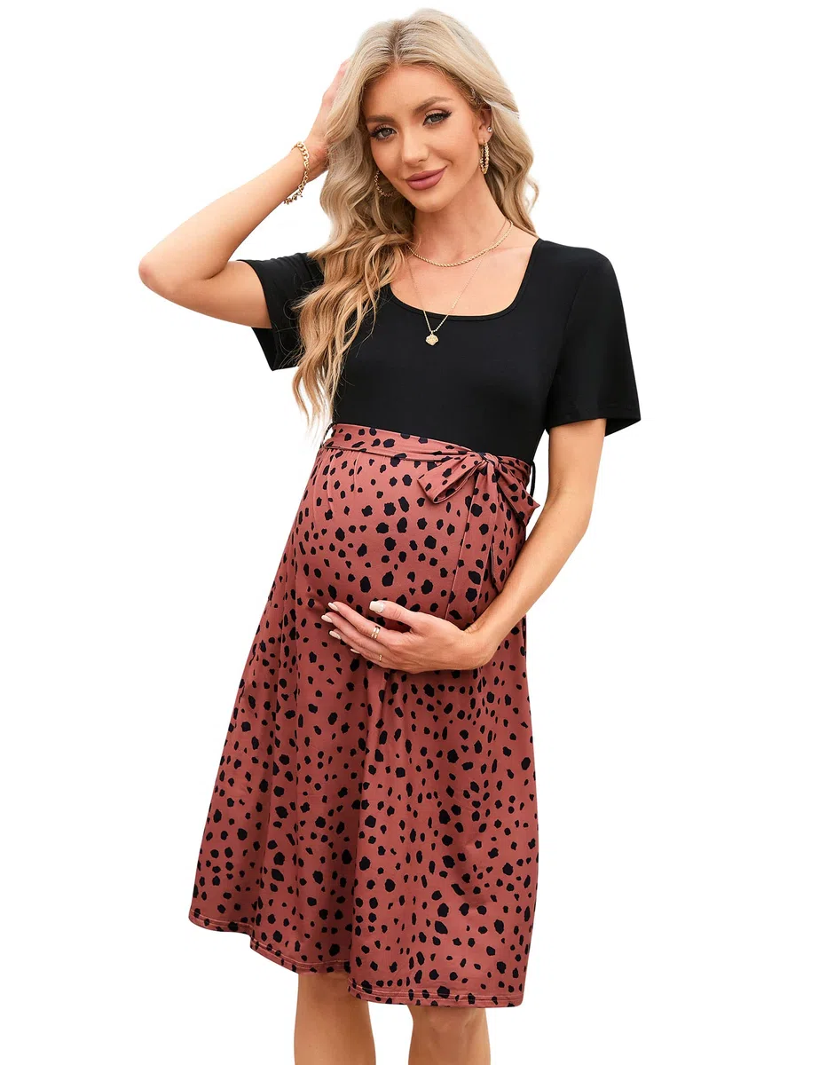 YesFashion Damen Elegant Umstandskleid Quadratischer Kragen Stillkleid mit Gürtel Sommer Schwangerschaftskleid