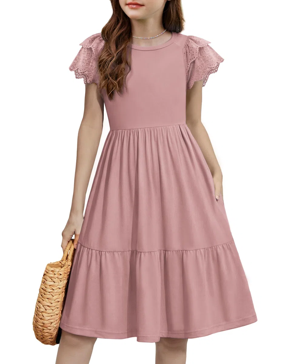 Arshiner Mädchen Kleider Spitze Kurzarm Sommerkleid A-Linie Rundhals Partykleid Kinder Festliches Kleid Casual Midikleid Mode Einfarbig Abendkleider mit Tasche 6-14 Jahre