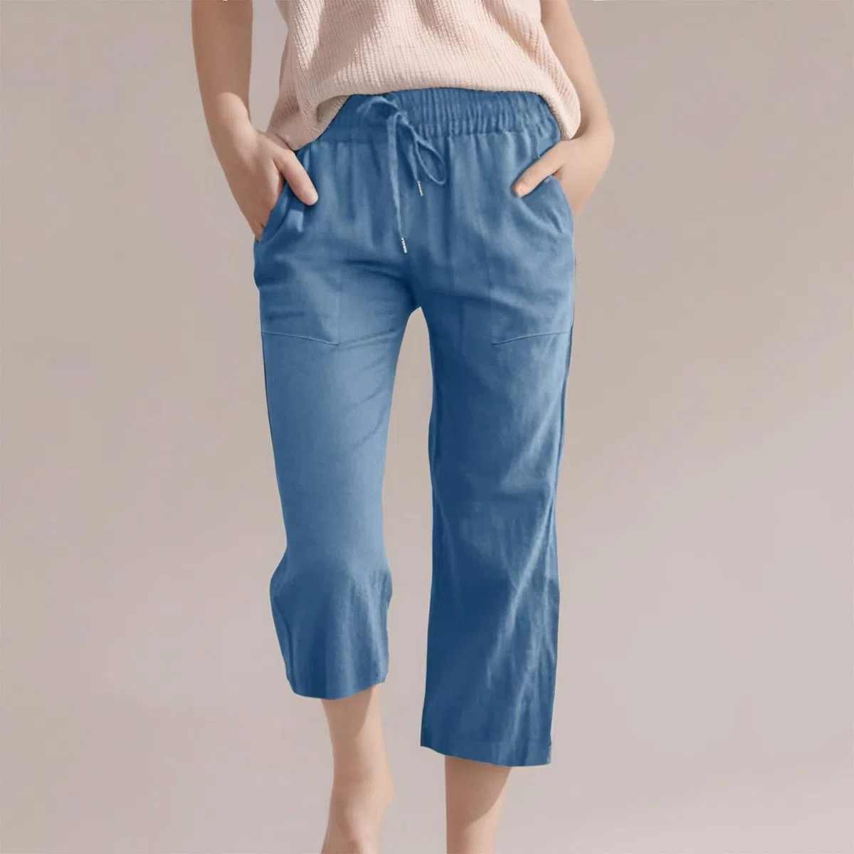 Generisch 3/4 Lange Leinenhose Kinder Mädchen Sommer Baumwolle Leinen Hose Lässige Weitem Bein Strandhose Leicht Einfarbig Jogginghose Hohe Taille Freizeithosen mit Taschen Sommerhose für Outdoor