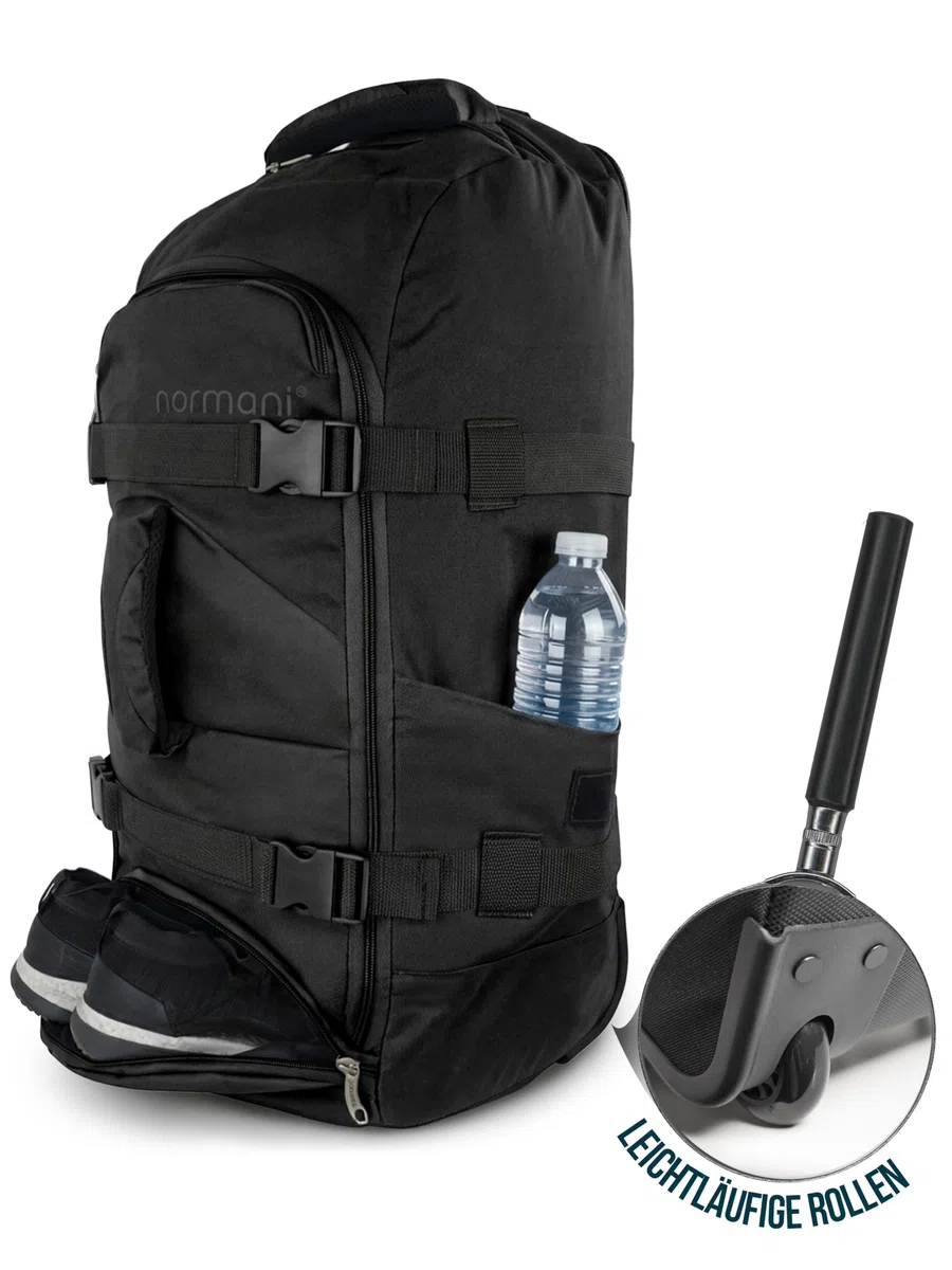 normani Reisetasche Trolley mit Rucksackfunktion 90 Liter - Backpacker mit Frontloader praktischer Reisetrolley und Rucksack in Einem mit 7 Fächern Schwarz 90 Liter