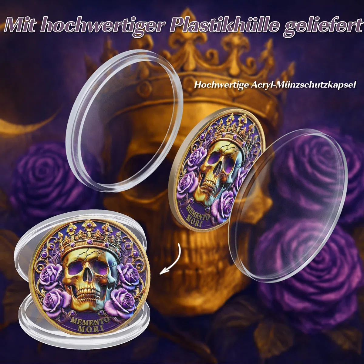 Memento Mori Gedenkmünze – Totenschädel, Schmetterling & Sanduhr Design – "Tempus Fugit" – Philosophie-Münze über Leben, Zeit und Tod