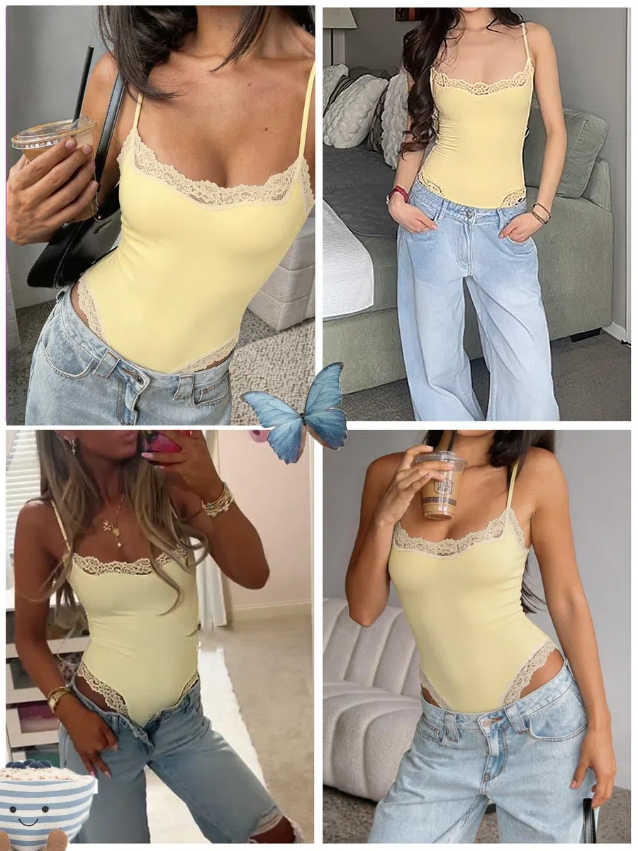 Starrylion Spitze Body Damen Sexy Eckiger Ausschnitt Y2K Top Bodys Verstellbarer Schultergurt Bodysuit