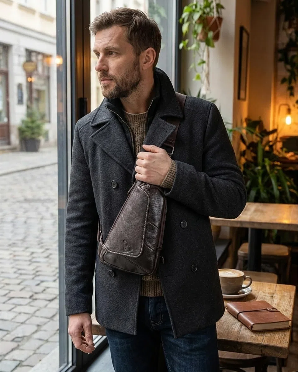 pundarika Herren Leder Brusttasche – Kleine und Stilvolle Umhängetasche als Sling Bag- - Dunkelbraun