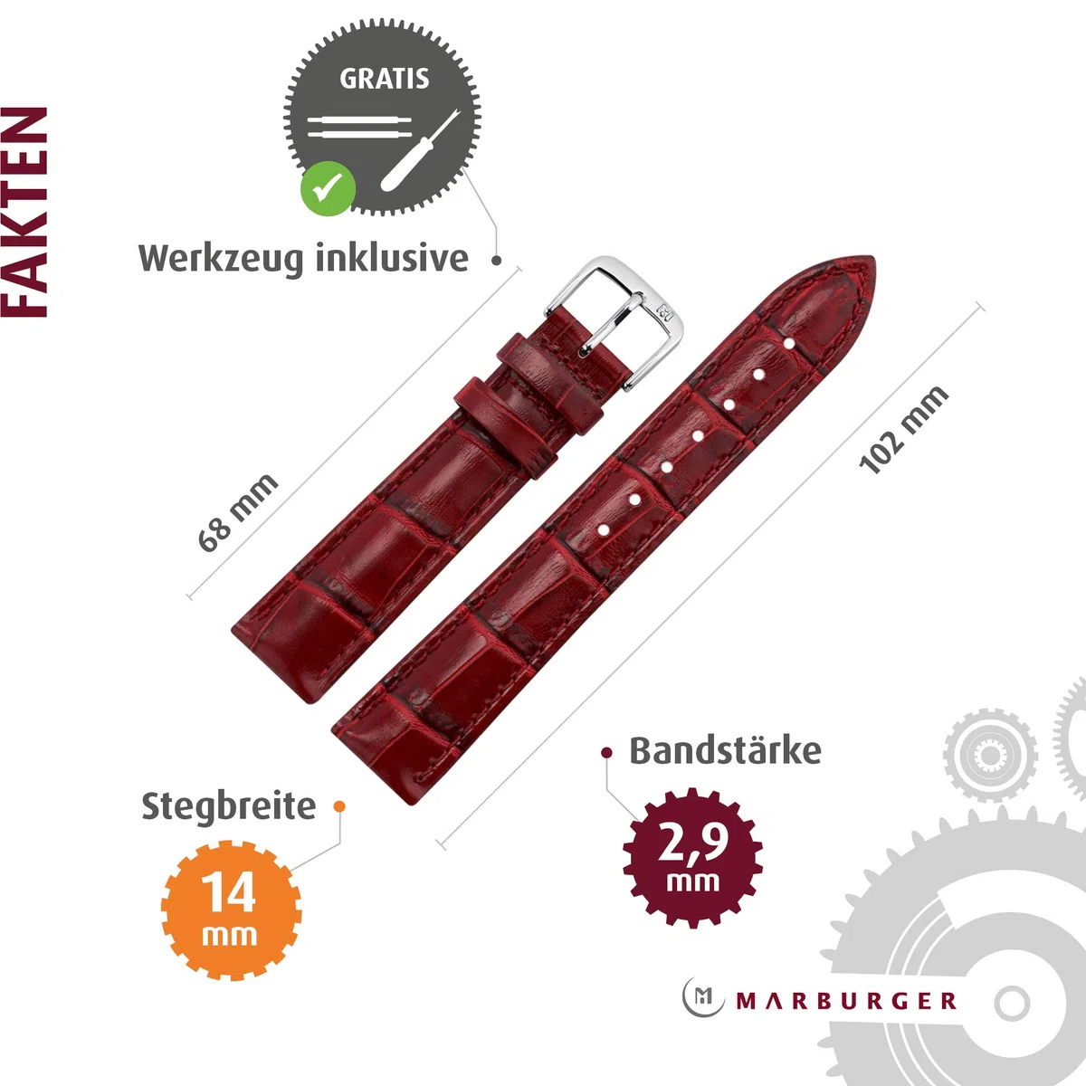 MARBURGER Uhrenarmband 14mm Damen Leder Alligator Prägung - Werkzeug Montage Set 14314