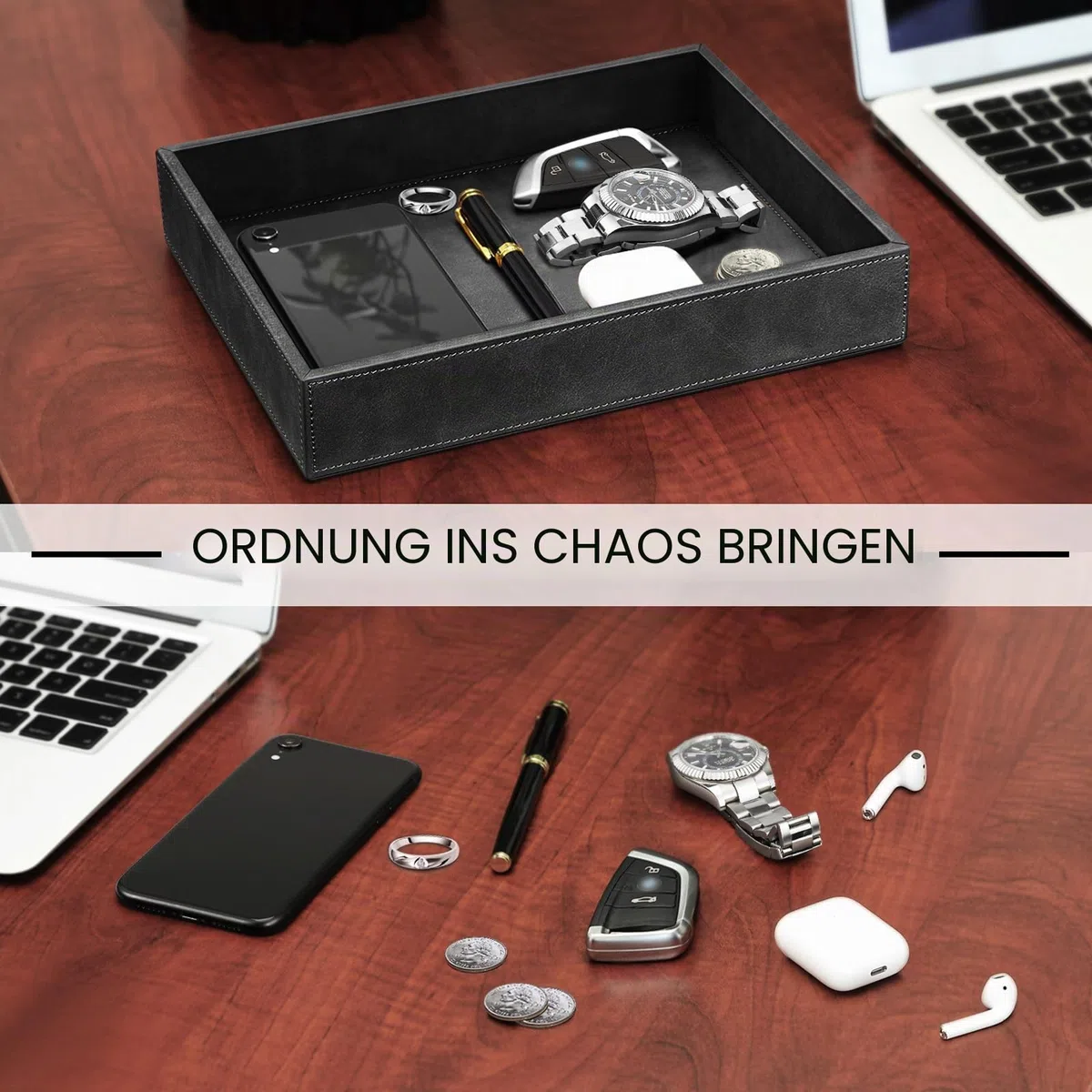 SITHON Lederschale Ablage, Kunstleder Tablett Organizer Ablage Aufbewahrungsbox klassisch Ablageschale Valet Tray für Handy Schmuck Schlüssel Kleingeld Geldbörse Uhren Brillen Büroausstattung, Schwarz