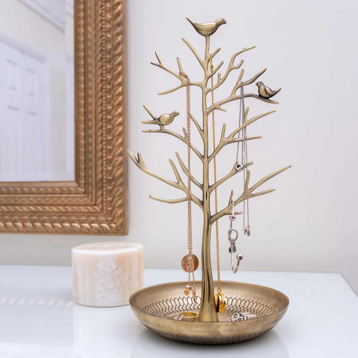 TRIXES Schmuckbaumständer im Gold-Stil – Vintage-Vögel – Hängen Sie Ihren Schmuck auf – Hängender Organizer-Rack-Turm – Präsentationsständer