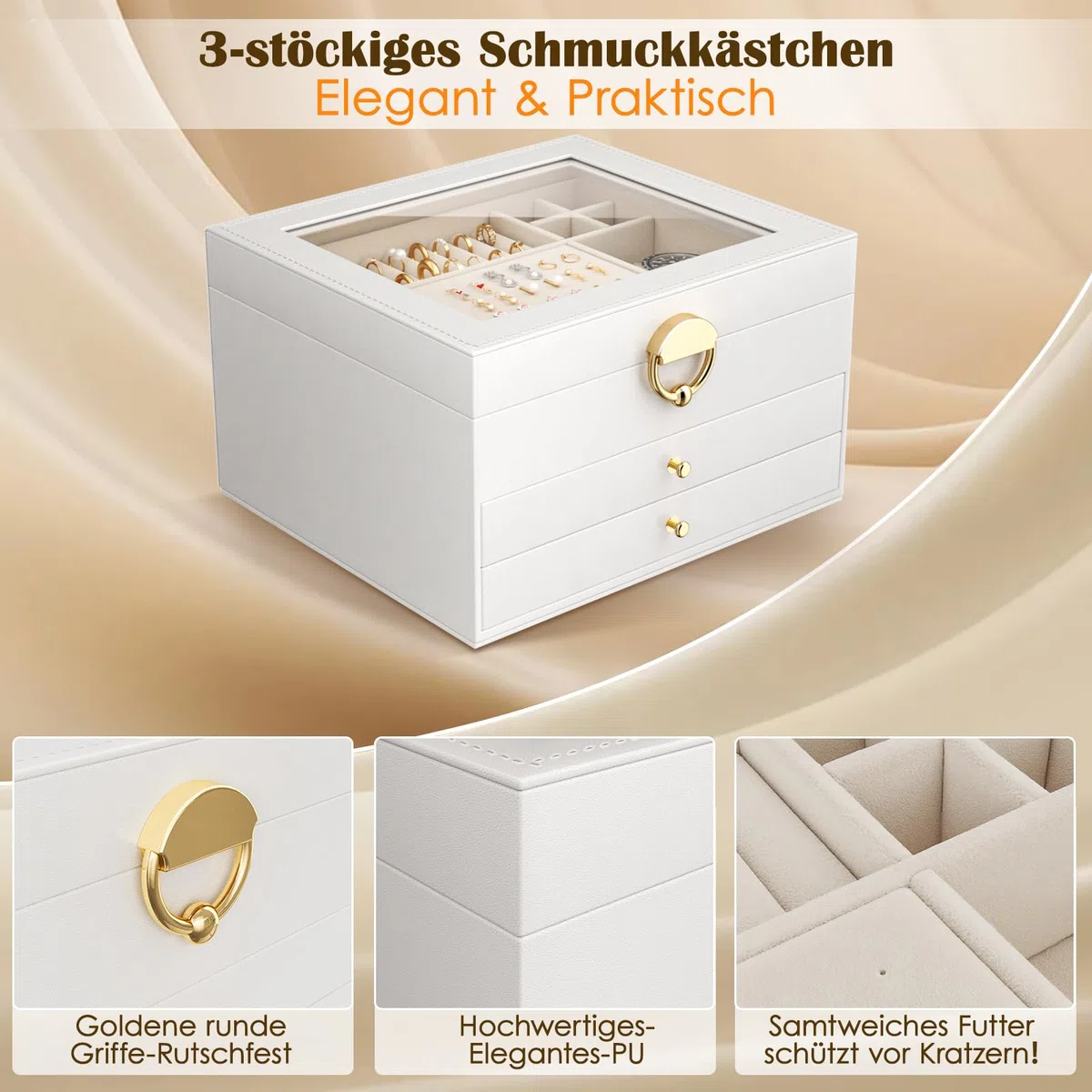3-Stöckiger Schmuckkästchen Groß Schmuckorganizer mit transparentem Deckel für Schmuckstücke, Ketten & Armbänder, stabile Schmuckaufbewahrung mit Samtfutter (Mattweiß)