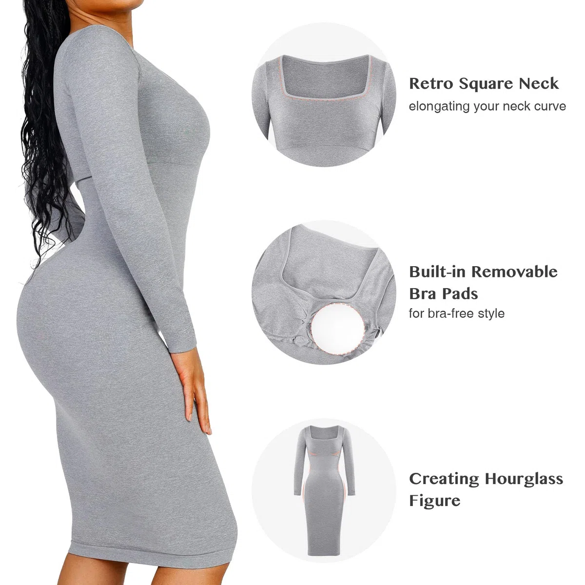 FeelinGirl Bodycon Kleid Shapewear für Damen mit Abnehmbarem BH-Pad Winter Shaping Dress Bauchweg Seamless Recyceltes Material Elegant