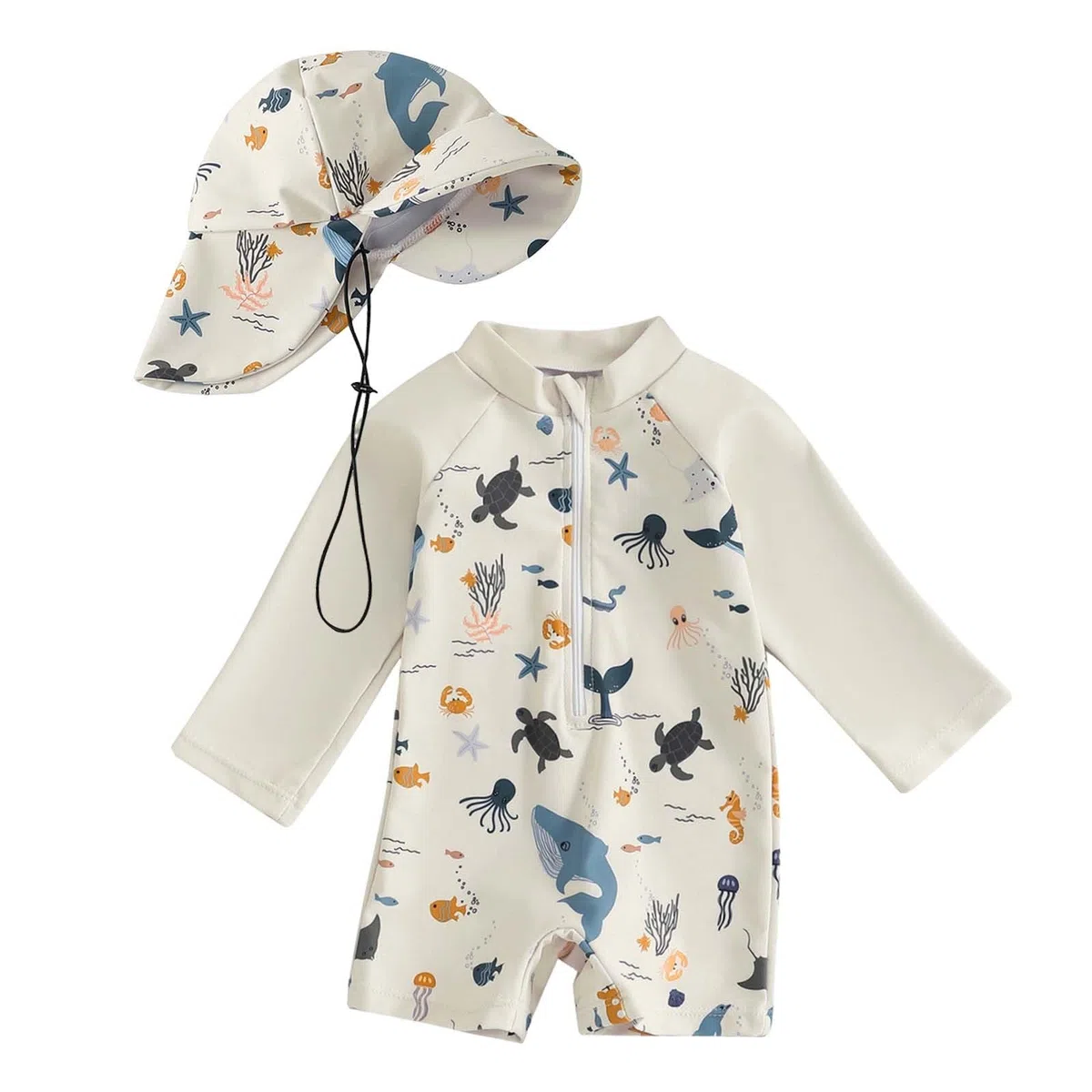 UV Badeanzug Baby Kleinkind mit Sonnenhut Rash Guard Badebekleidung Jungen Mädchen Langarm Cartoon Sonnenschutz Einteiler Schwimmanzug Strandkleidung für Schwimmen Wassersport Strand Pool