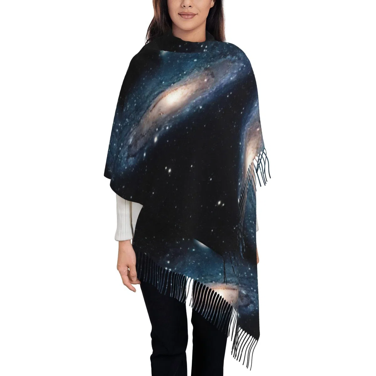 Damenschal mit Galaxie-Universum und Sternen, Weltraum-Druck, Herbst, Winter, modisch, Fransen, weich, warm, sonnenfester Wickelschal