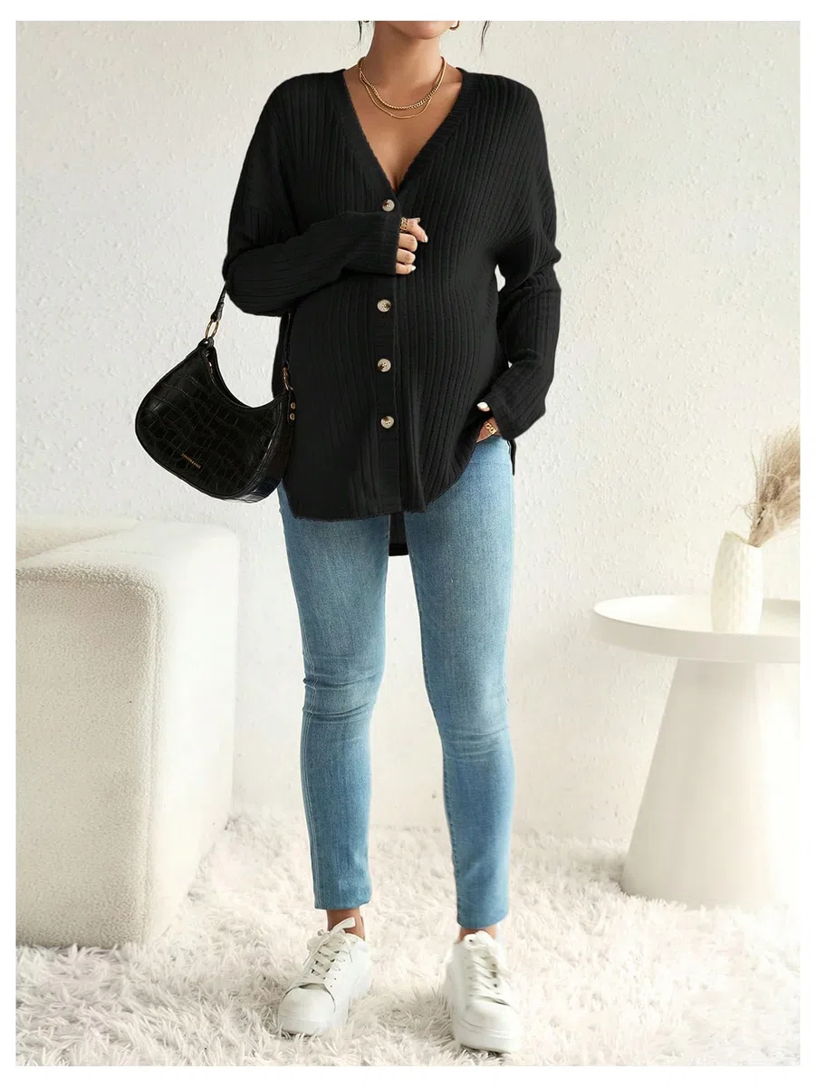 Umstandsjacke für Damen, V-Ausschnitt, lange Ärmel, Oversize, gerippt, Schwangerschafts-Pullover, weich, bequem, lässig, Knopfleiste vorne, Still-Top