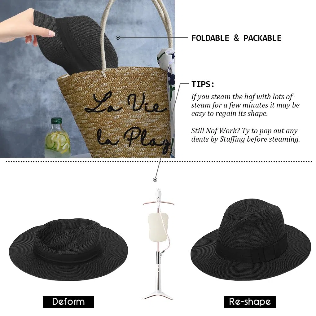 Ruphedy Strohhut Fedora für Damen, Sommer, breite Krempe, Panama-Strandhut, faltbar, UPF 50+
