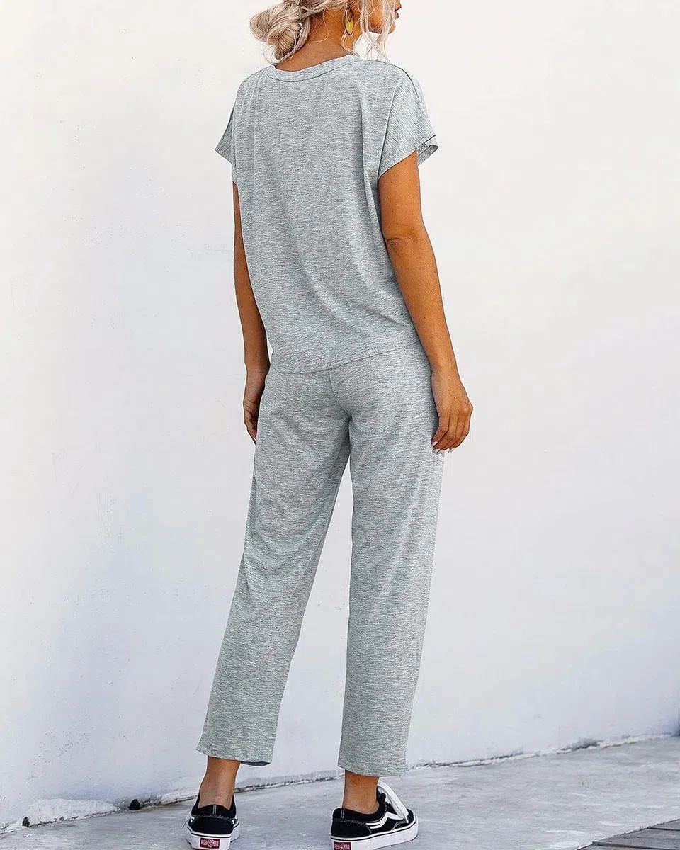 Cicy Bell Damen Zweiteiler Set Kurzarm Rundhals Jogginganzug Streetwear Trainingsanzug mit Kordelzug und Tasche