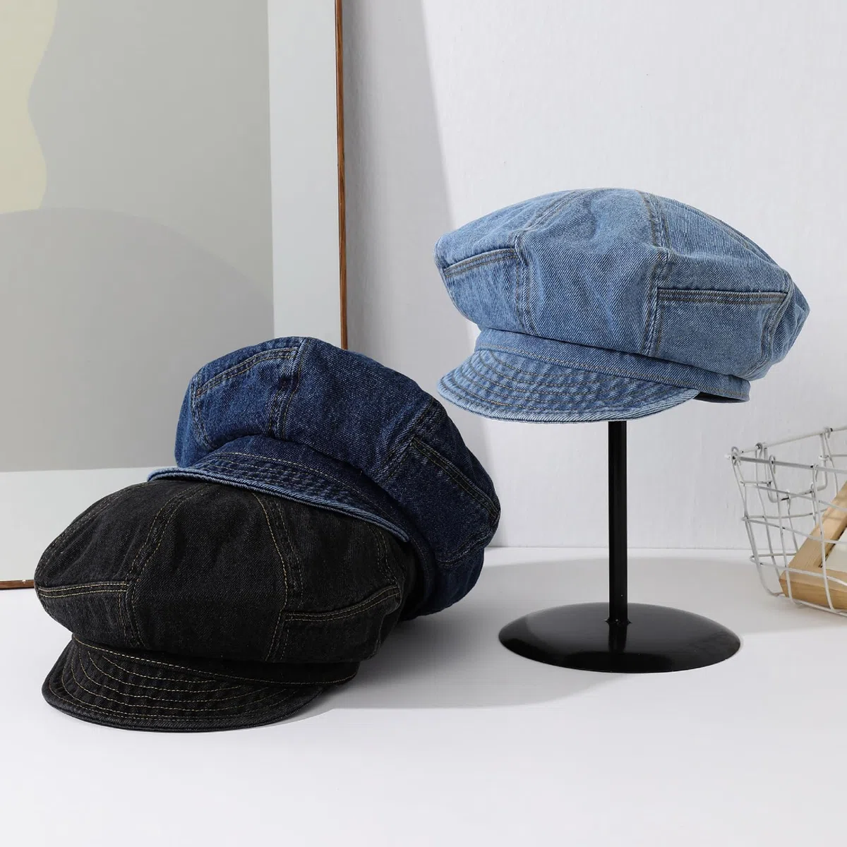 Baskenmütze für Damen, Denim-Bäckermütze, Newsboy-Cabbie-Mütze, Schirmmütze für Damen und Mädchen