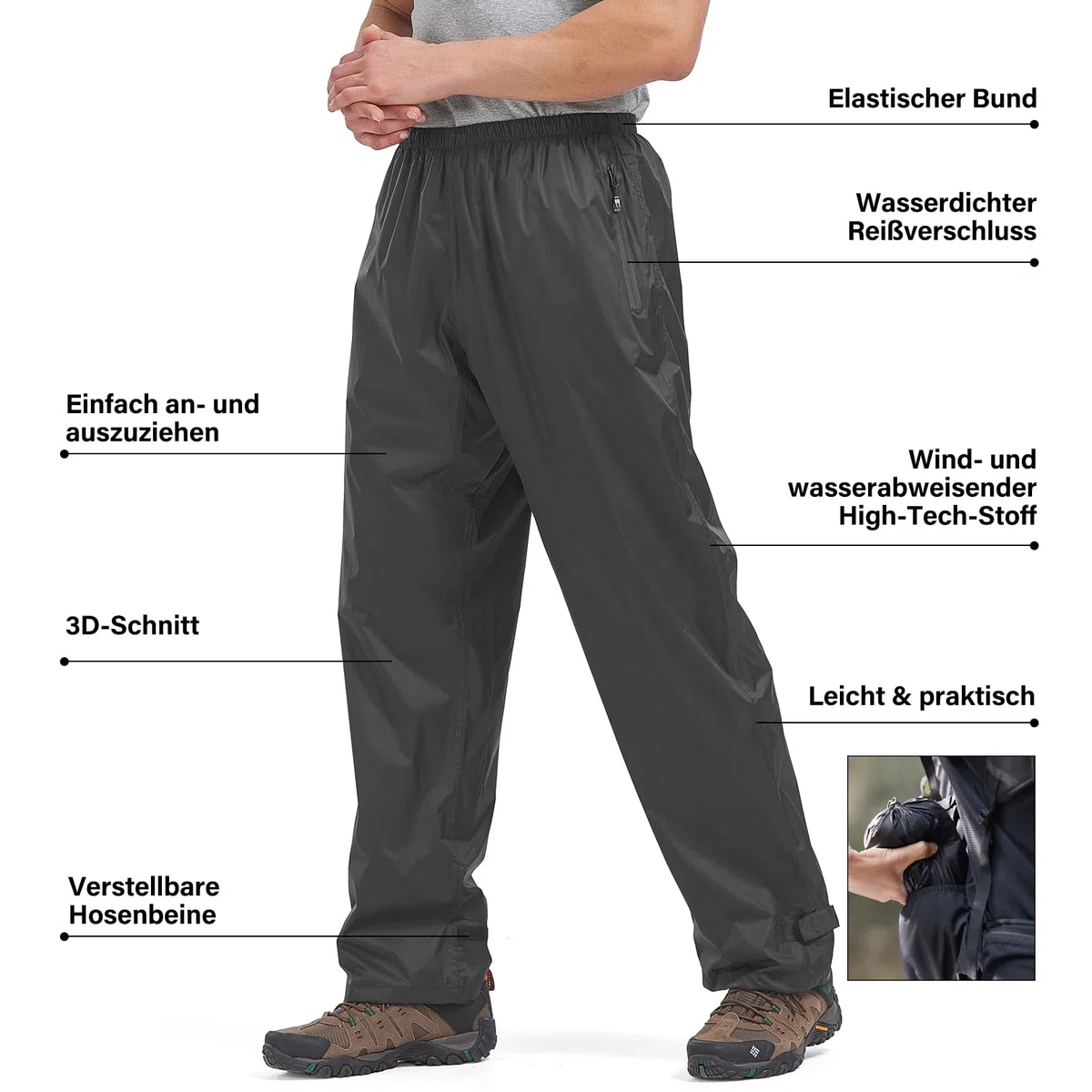 Regenhose Herren Fahrrad Leichte wasserdichte Winddichte Outdoorhose zum Wandern Camping Trekkinghose Motorrad Regenhose