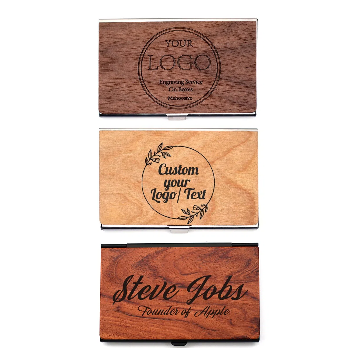 Personalizd Visitenkartenetui, personalisierbar, Holz & Edelstahl, mehrere Brieftaschen, Kreditkarten- und Ausweishalter für Damen und Herren, mit eingraviertem Namen und Logo