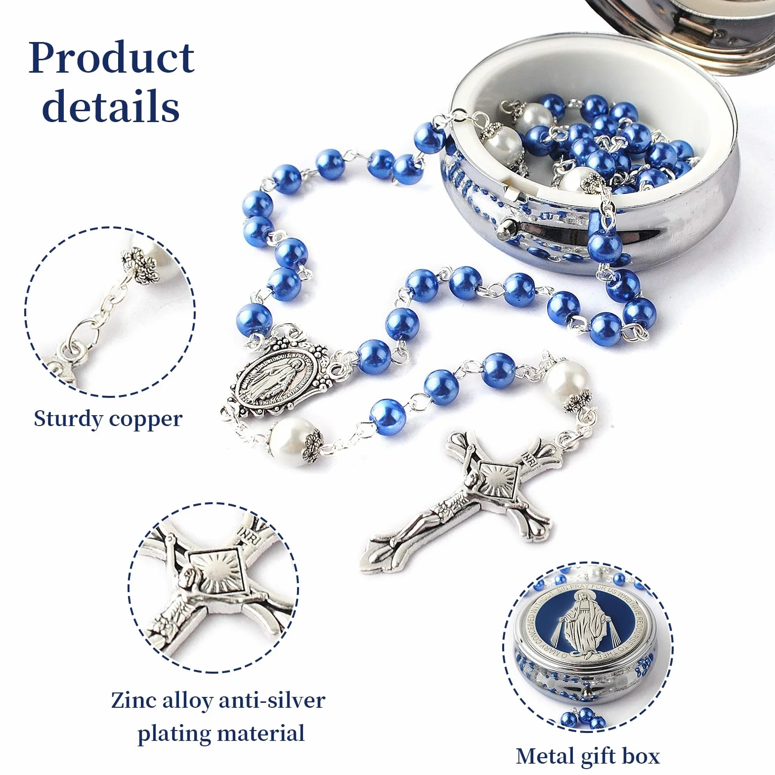6mm Glasperlen Rosenkranz mit 8mm Vaterunser-Perlen, Katholische Kette im Wunder-Metall-Geschenkbox, Erstkommunion und Personalisiertes Blau Rosenkranz