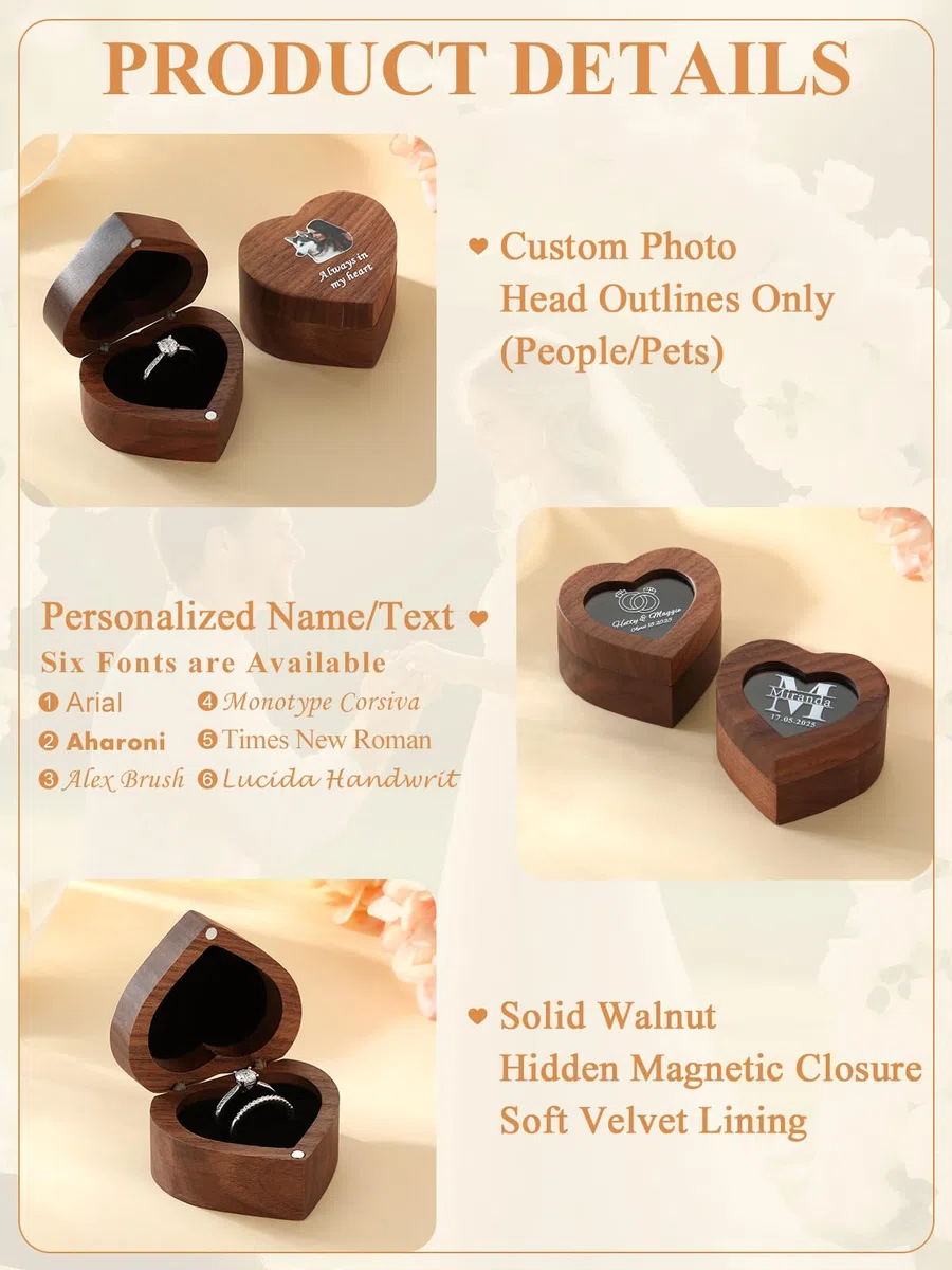 Custom4U Personalisierte Eheringbox, Einzel/Doppelnut, Herz/Quadrat/Rechteck/Oval-Ringhalter aus Walnussholz für Braut und Freundin, gravierte Schmuckschatulle für Heiratsanträge, Jubiläen, Zeremonien