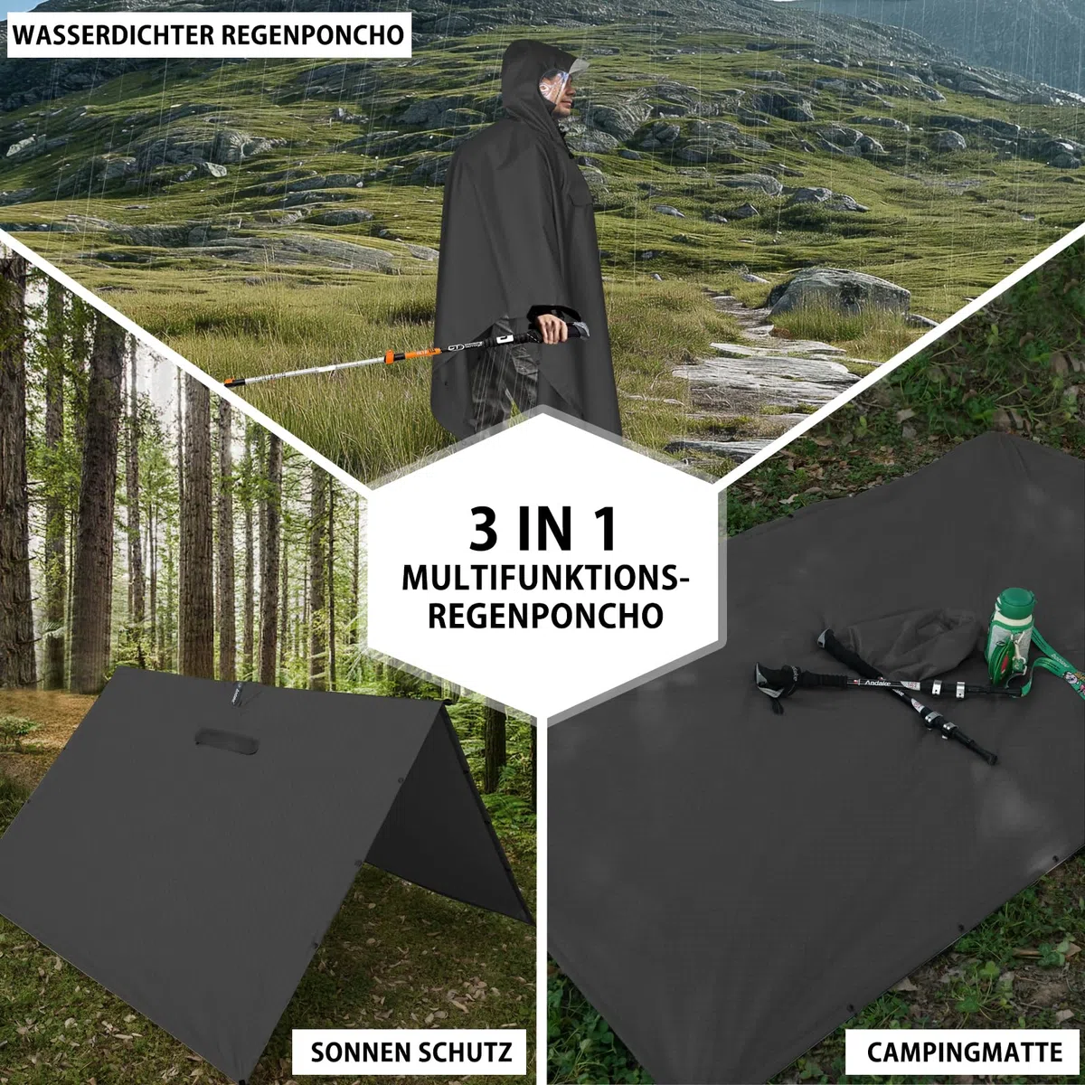 Andake 3-in-1 Regenponcho, Wasserdichter Regenponcho unisex, Wiederverwendbar, Leicht & Tragbar, Ideal für Camping, Wandern & Angeln im Freien