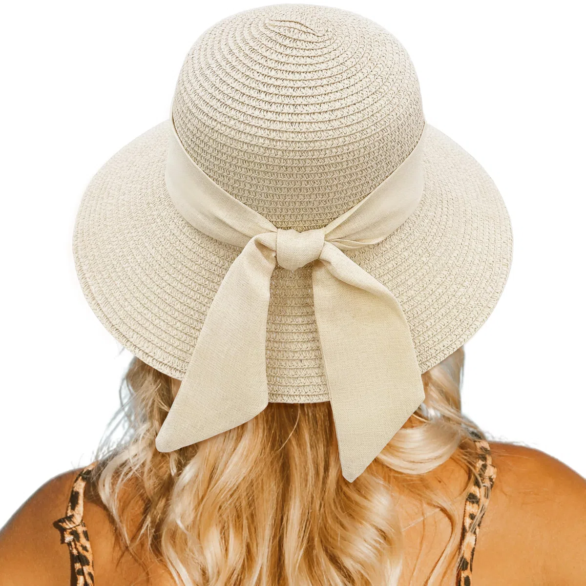 Strand Sonnenhut Damen, Strohhut Sommer Faltbar mit Breite Krempe, Bowknot Strohhüte Sommerhut Leicht für Strand Urlaub Reise