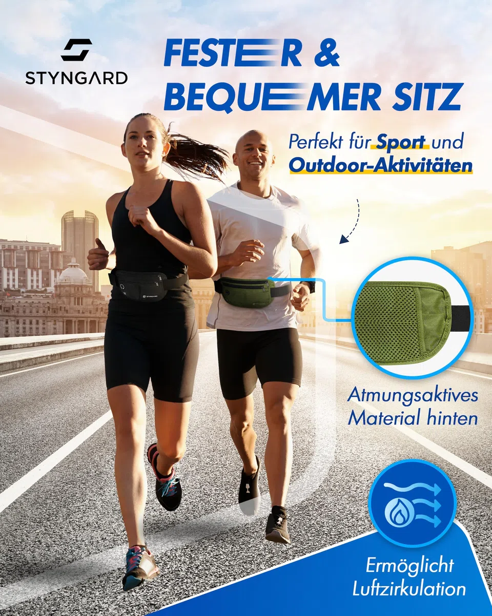 Flache Bauchtasche diebstahlsicher RFID Schutz - Geldgürtel zum Umhängen - Reise Bauchtasche mit Diebstahlschutz - Brustbeutel Damen und Herren Sport - STYNGARD - Modell Madrid