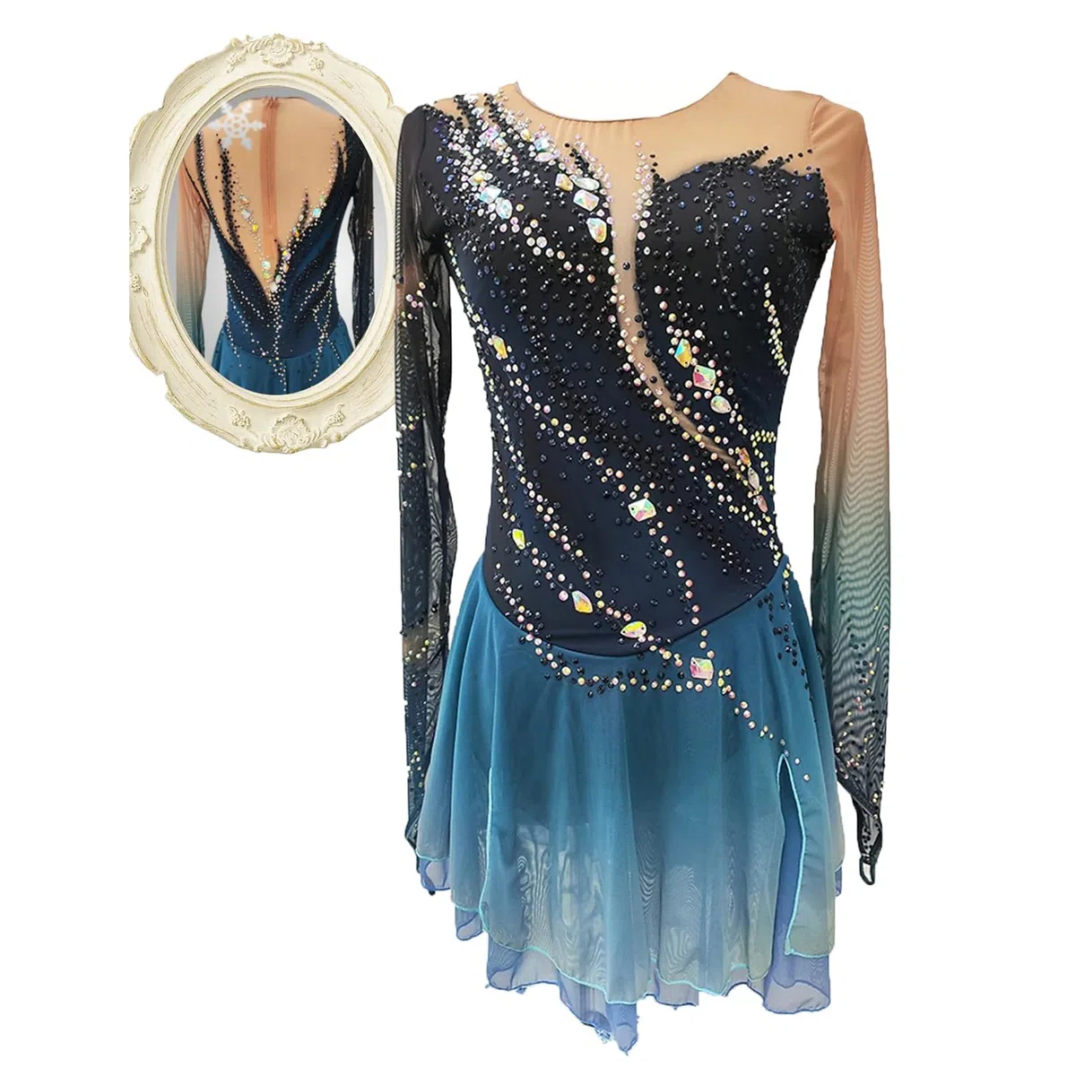 JRUIA Eiskunstlauf Kleid Für Damen Eislaufbekleidung Für Mädchen Dunkelblaues Halo Färben Elastizität Professionelle Wettkampf Skating Bekleidung Kristall Warmes Langarmshirt