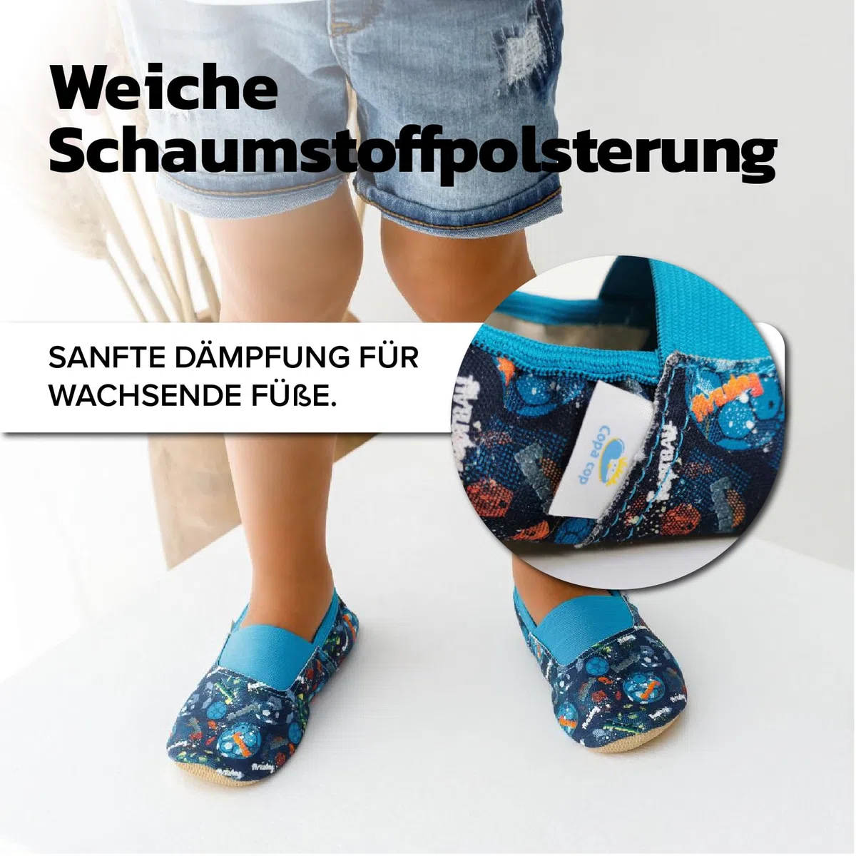Turnschläppchen Jungen – Gymnastikschuhe Jungen aus 100% Baumwolle – rutschfeste Hausschuhe Kinder extrabreit mit Elastischem Einsatz und Gummisohle