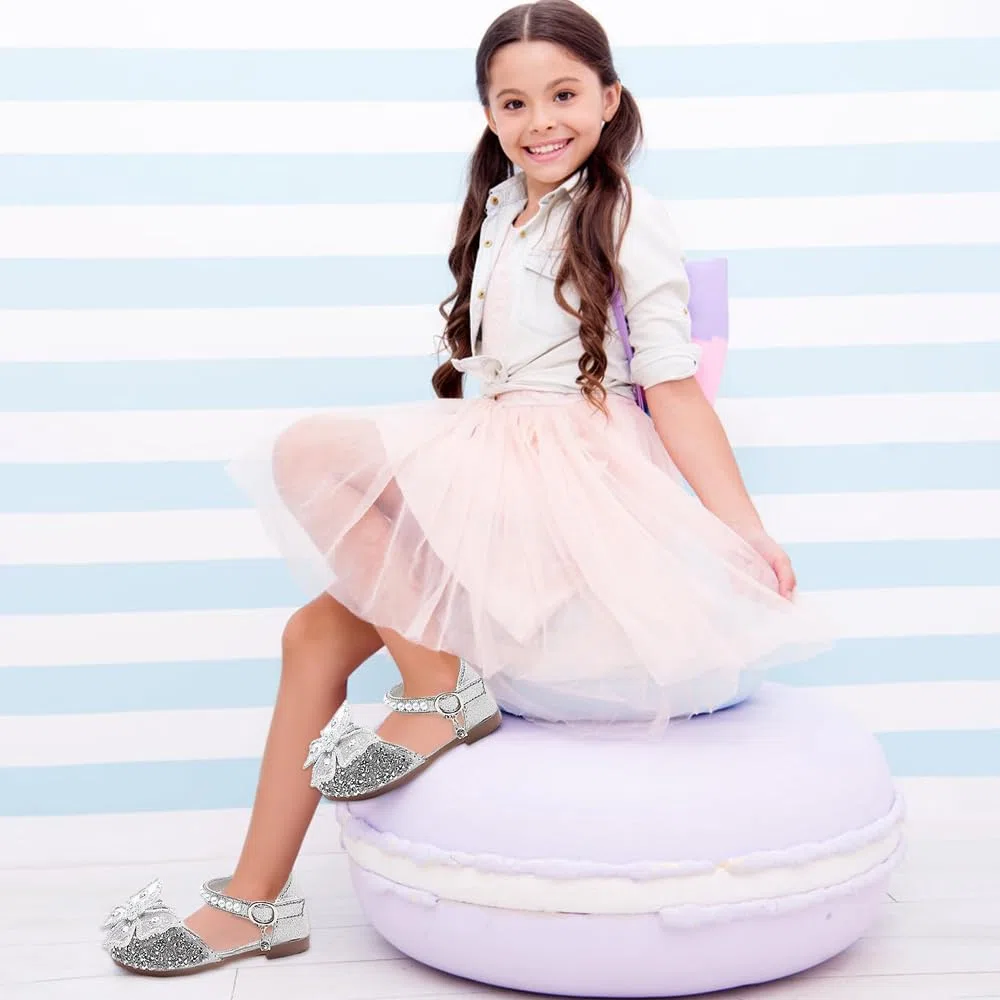 Mädchen Mary Jane Glitzer Prinzessin Schuhe Karneval Party Hochzeit Kinder Party Halbschuhe Flache Schuhe für Weihnachten Geburtstag Schulschuh Silber EU33