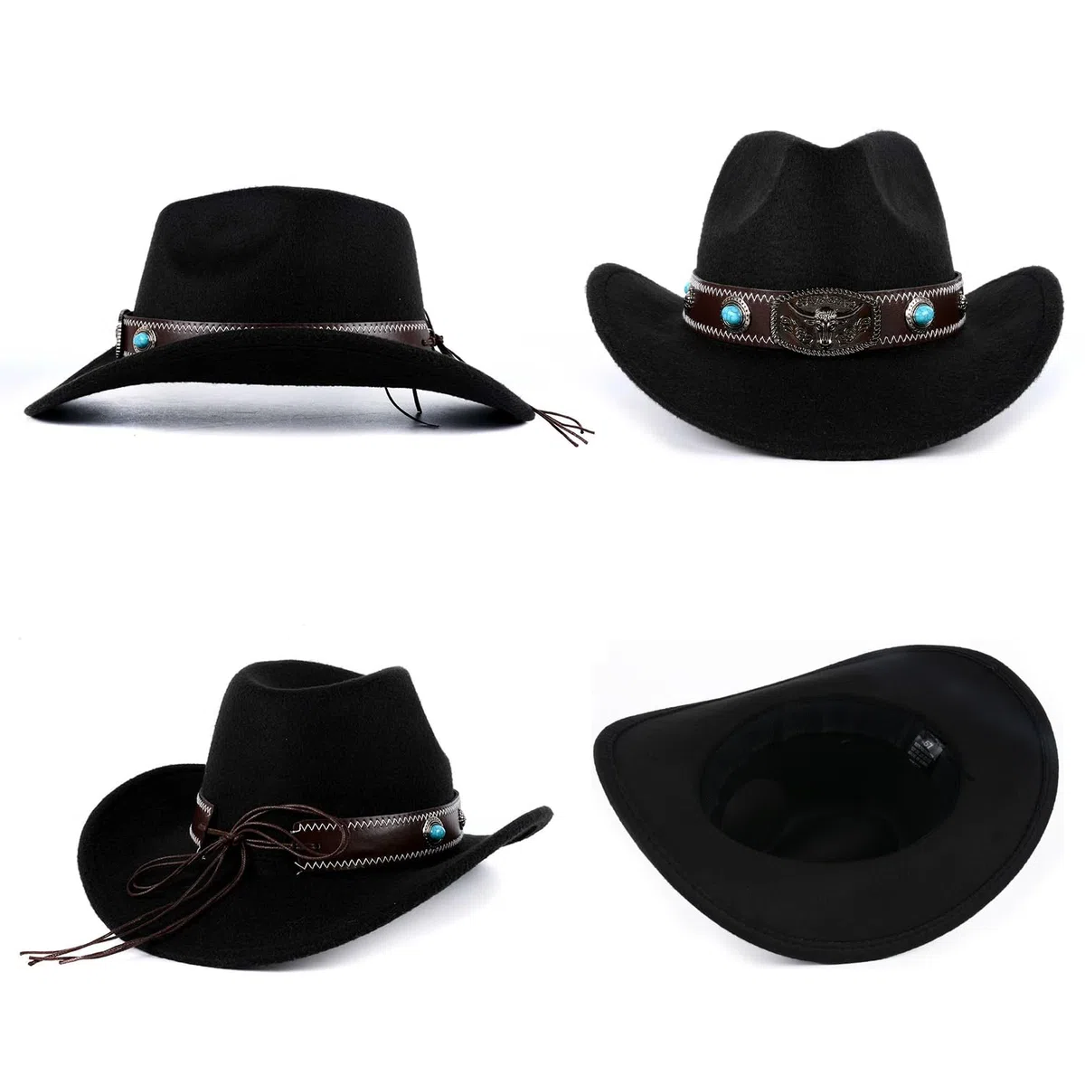 Wollfilz Cowboyhut Westernhut mit breiter Krempe | Trilby Fedora Jazz Cap | Formbarer Outbackhut mit Schnallenband | Verstellbarer Derby Partyhut für Damen und Herren (Größe M - 56-58cm)