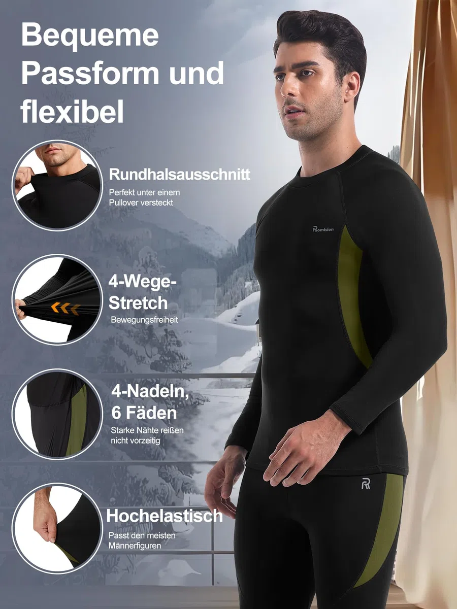 romision Thermounterwäsche Herren Funktionsunterwäsche Skiunterwäsche Atmungsaktiv Thermoaktiv Innenfleece Weich Thermo Unterwäsche 1/2er Set