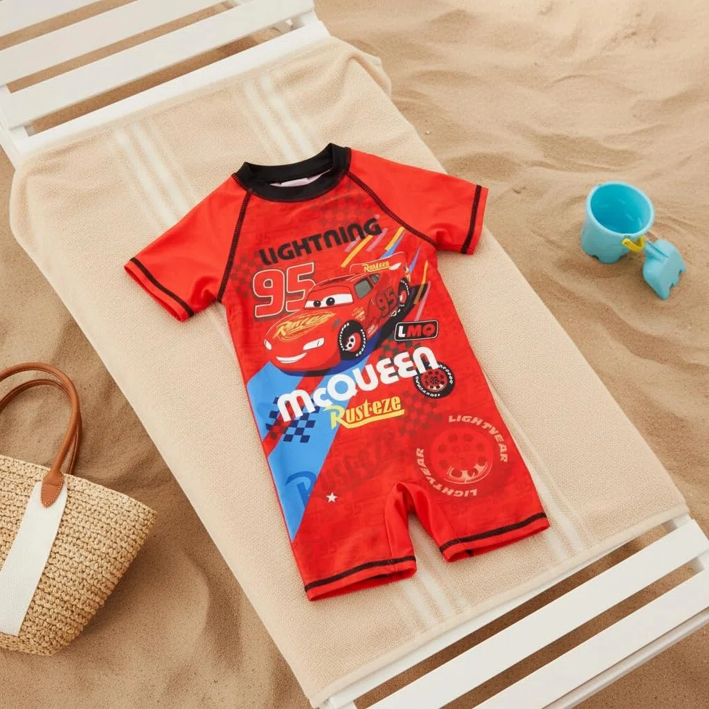 Disney Cars Lightning McQueen Jungen Schwimmanzug Badeanzug Kurzarm, rote Bademode für Kinder Gr. 86-116, 88% Polyester 12% Elastan