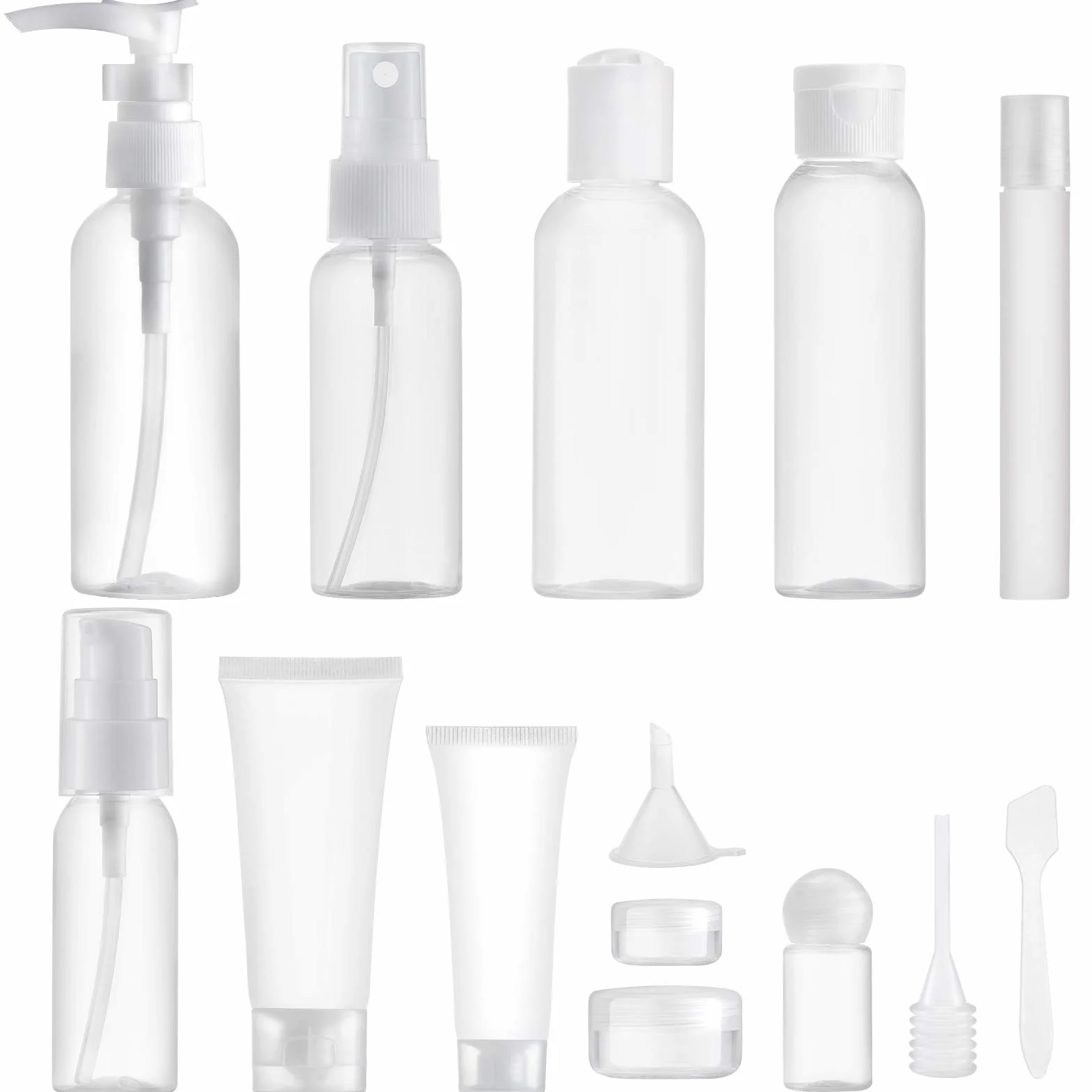 Toureal 14 Stück Leere Reiseflaschen Set (Max.100ml) Reisegrößen Behälter zum befüllen, Reiseset Flaschen für Kosmetik Flugzeug (Transparent)