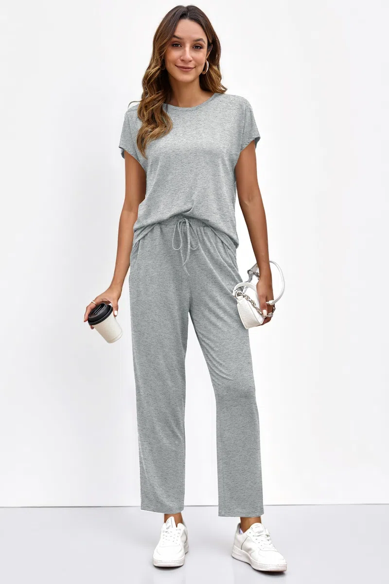 Cicy Bell Damen Zweiteiler Set Kurzarm Rundhals Jogginganzug Streetwear Trainingsanzug mit Kordelzug und Tasche