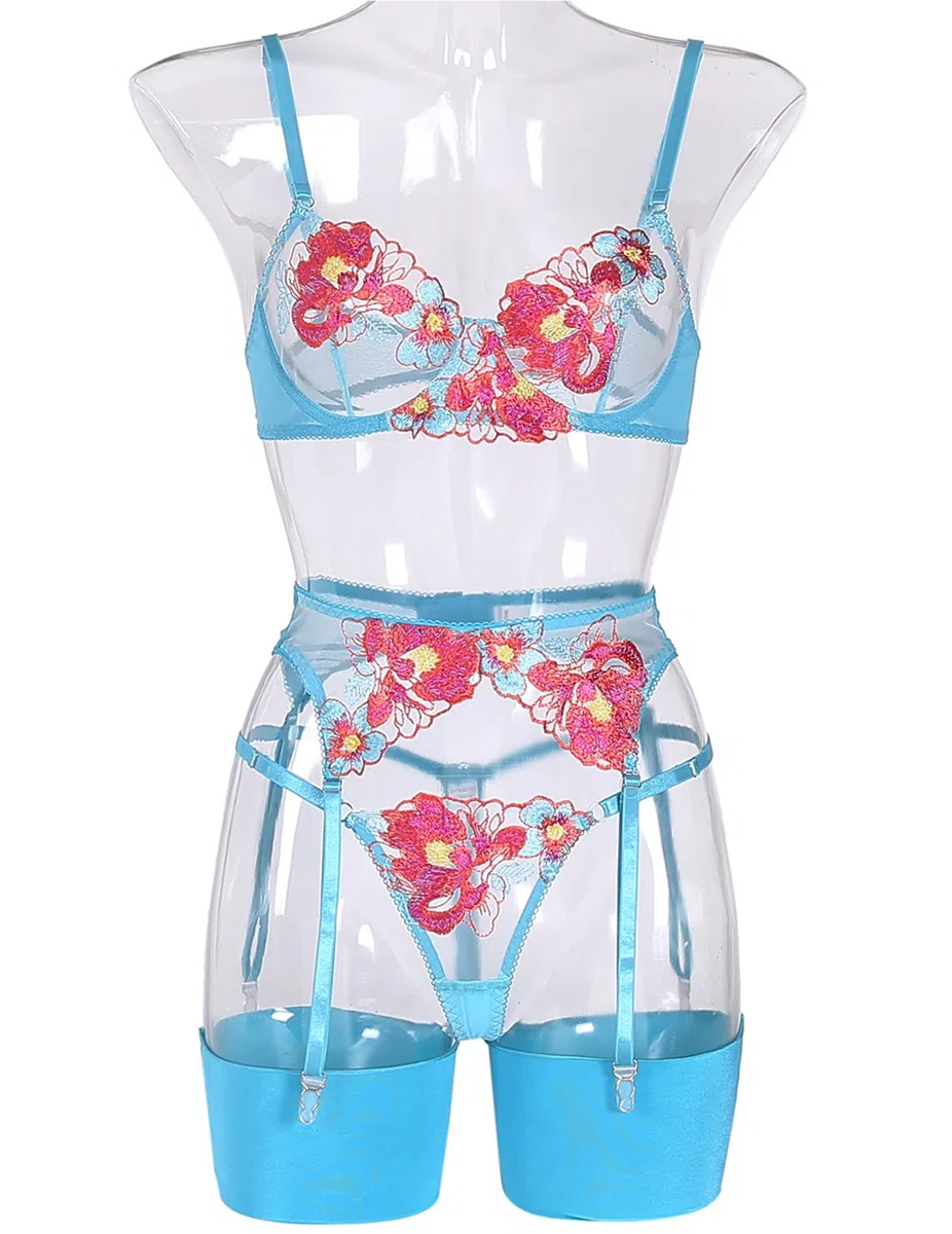 Dessous Damen Sexy Unterwäsche Reizwäsche Dessous Sexy Set für Damen mit Strapsen mit Spitze mit BH und Slip mit Beinbändern 4 Stück innen