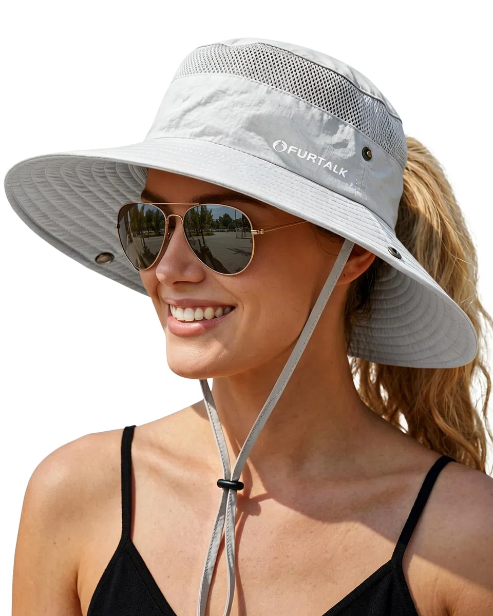 FURTALK Sonnenhüte für Damen Sommer mit Pferdeschwanzloch breite Krempe UV Schutz faltbar Outdoor Fischerhut Safari Hut Strand Wandern