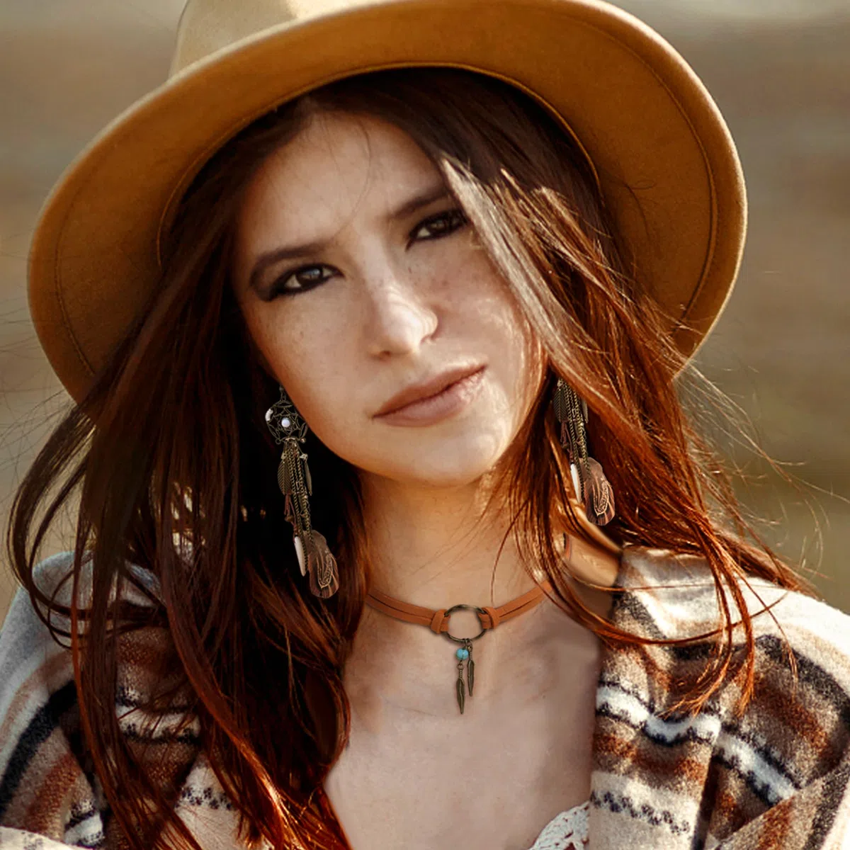 LOLIAS Boho Traumfänger-Ohrringe Drop Leder Choker Halskette Set für Frauen Handmade Retro Vintage Bohemian Feder Anhänger Dangle Ohrringe Stammes-Schmuck Geschenk