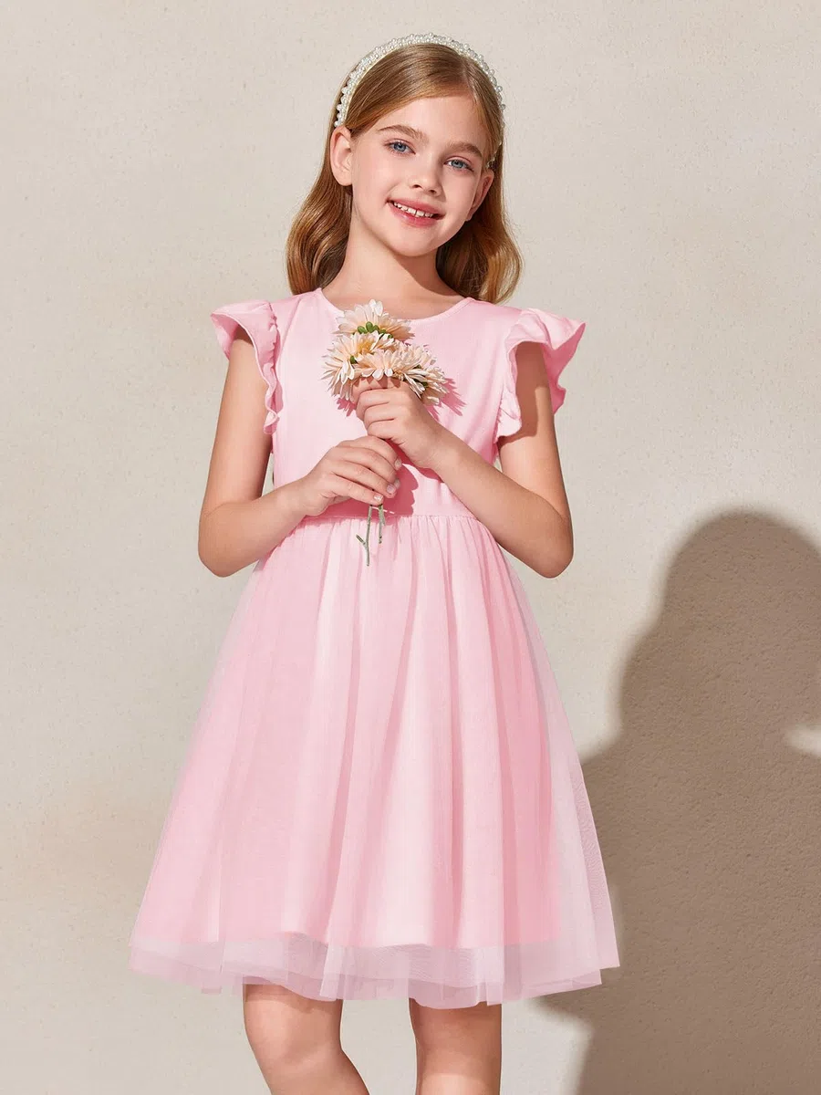 Haloumoning Mädchen Kleider Rüschenärmel Rundhals Einfarbig Sommerkleid A-Linie Prinzessin Tüll Kleid Festlich Geburtstag Hochzeit Party Freizeitkleid