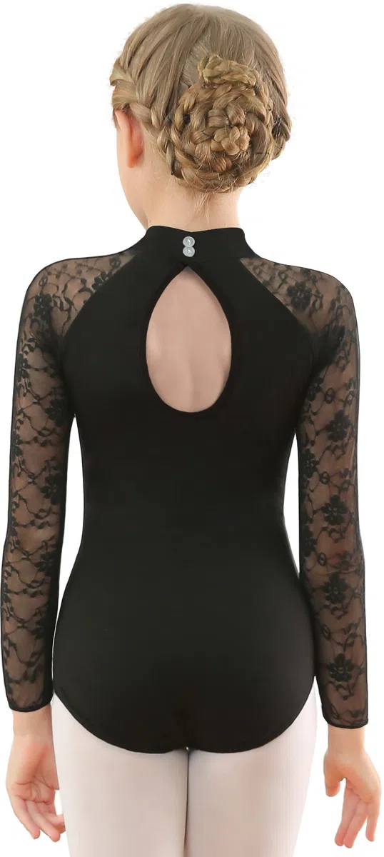 DANSHOW Schwarze Tanz Leotard für Mädchen mit Mock-Hals Wasser-Drop-Back Spitze Tanzkleidung