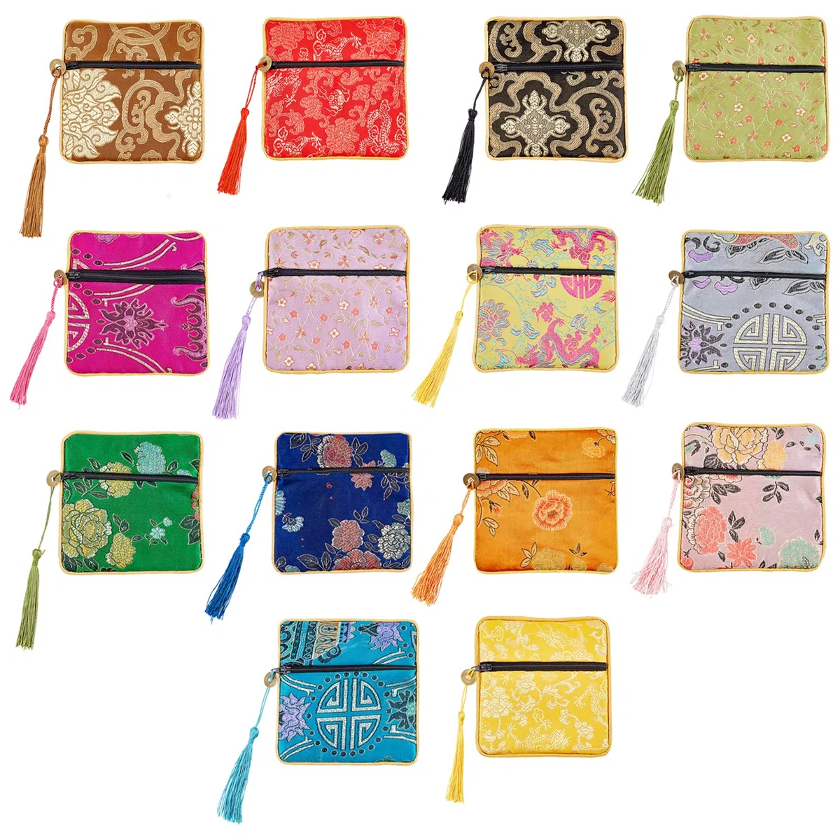 NBEADS 14 Stück Schmuck Seidenbeutel, 14 Farben Chinesische Seidenbrokat Geldbörse Geschenkbeutel Geschenktüten Bestickte Tasche Bestickte Taschen Für Münzen Schmuckaufbewahrung, 11.5x11.5 cm