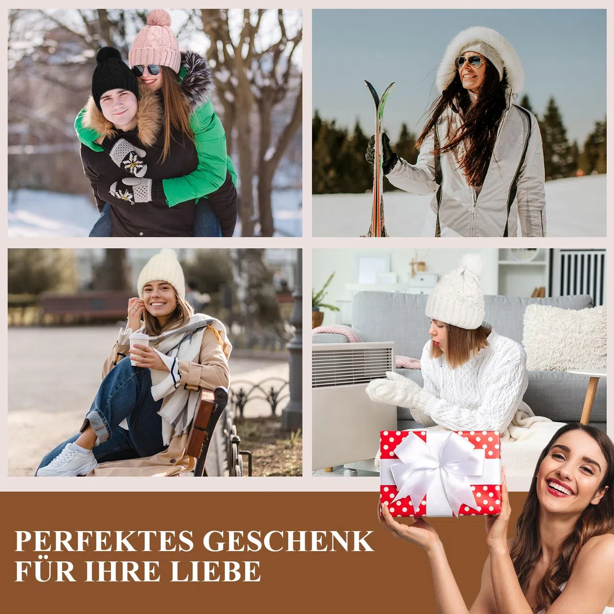 ILovDaisy Mütze, Schal & Handschuh-Sets für Damen Winter, Beanie Gestrickte Wintermütze mit Bommel, Thermo Winterhandschuhe Touchscreen, Warme Kuschelige Schal Winterset