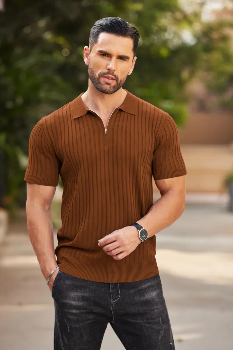 COOFANDY Herren Poloshirt mit Reißverschluss Sommer Kurzarm Strick Gestreiftes Polohemd Stretch Golf Casual Polo Shirt