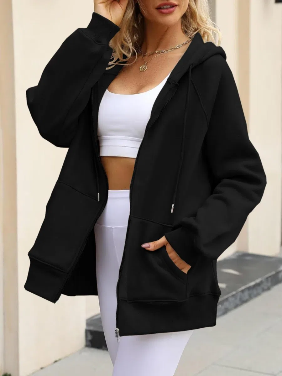 Timuspo Zipper Hoodie Damen Langarm Kapuzenjacke Sweatjacke Oversize Reißverschluss Fleece Sweatshirt Einfarbig Herbst Jacken Y2k Kapuzenpullover