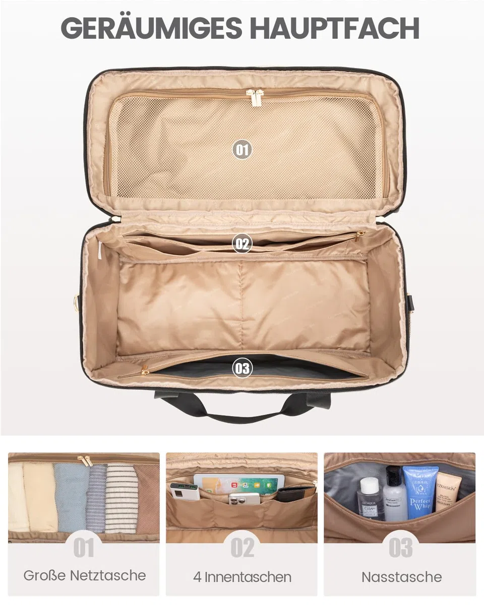 LOVEVOOK Reisetasche Damen, Große Öffnung Weekender Handgepäck Tasche Groß Travel Duffle Bag, Wasserdicht Kliniktasche Geburt Krankenhaustasche Sporttasche für Flugzeug Reise Sport Gym, Schwarz