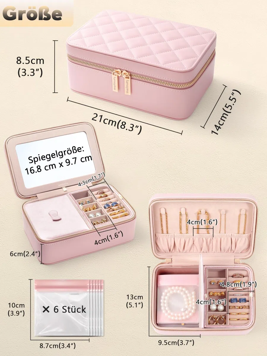 REVEMCN Schmuckkästchen mit Spiegel und 2 Ebenen, Reise Schmuck Organizer für Damen und Mädchen, geräumige Schmuckaufbewahrung mit 6 Anlaufschutz Schmuckbeuteln, Geschenke für Frauen (Puderrosa)