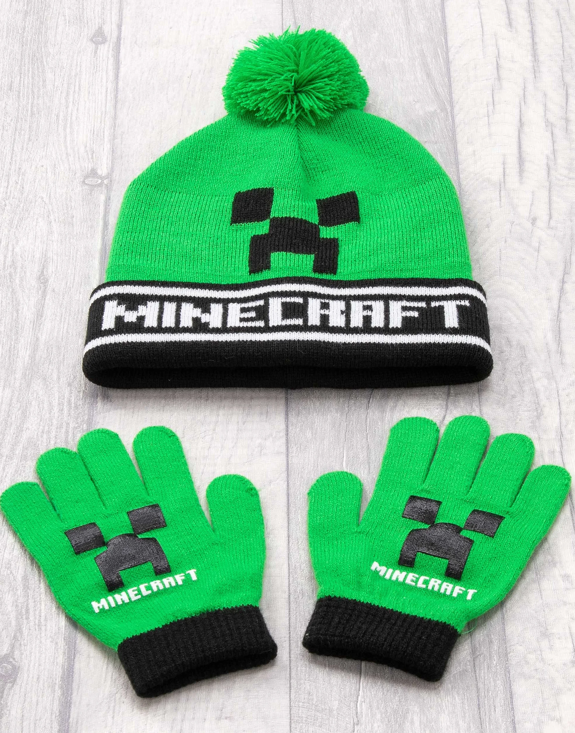 Minecraft Kids Bobble Hat Handschuhe Set Creeper gestrickte Beanie Gamer Geschen Einheitsgröße
